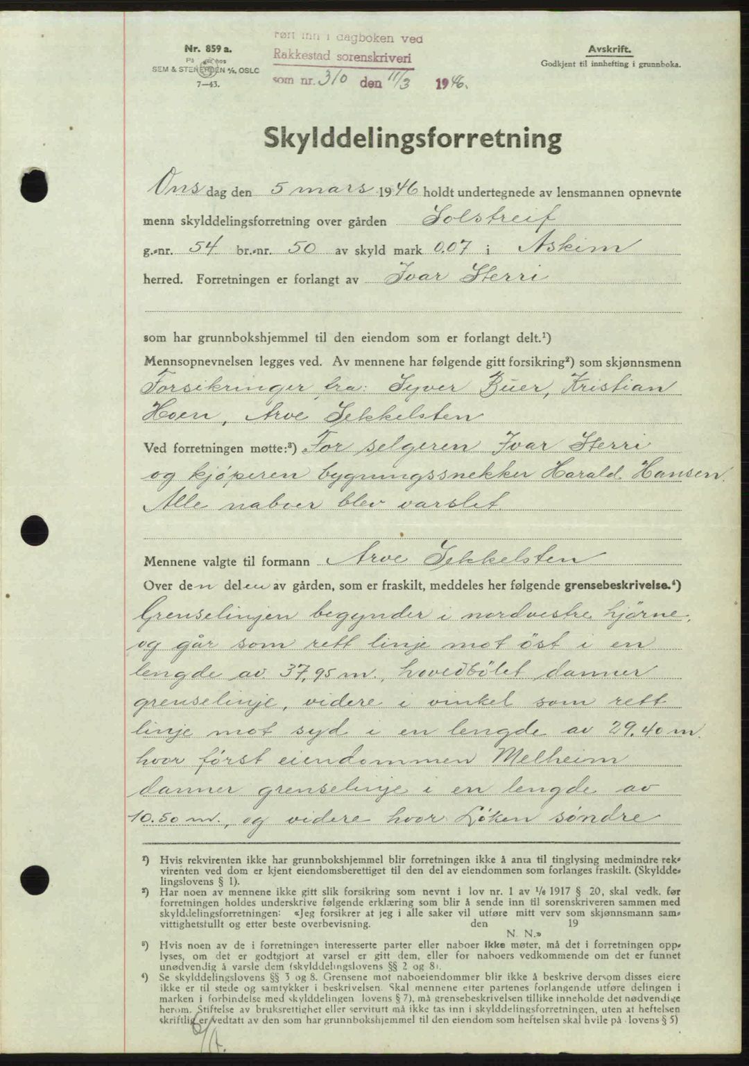 Rakkestad sorenskriveri, AV/SAO-A-10686/G/Gb/Gba/Gbab/L0012a: Mortgage book no. A12 I, 1945-1946, Diary no: : 310/1946