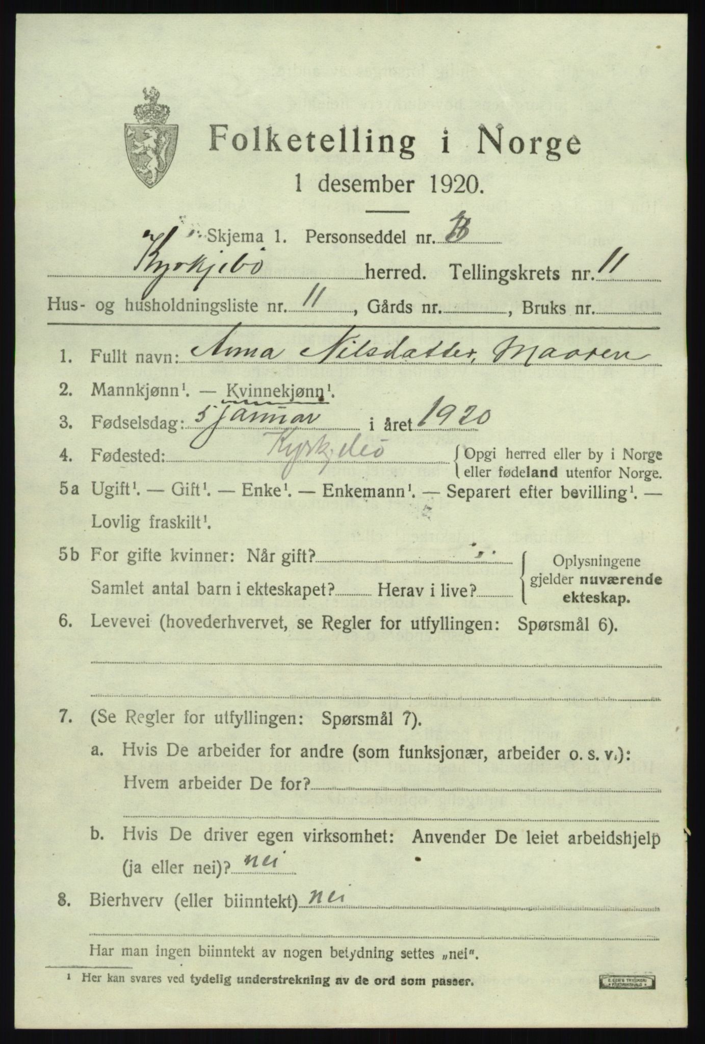 SAB, 1920 census for Kyrkjebø, 1920, p. 5853