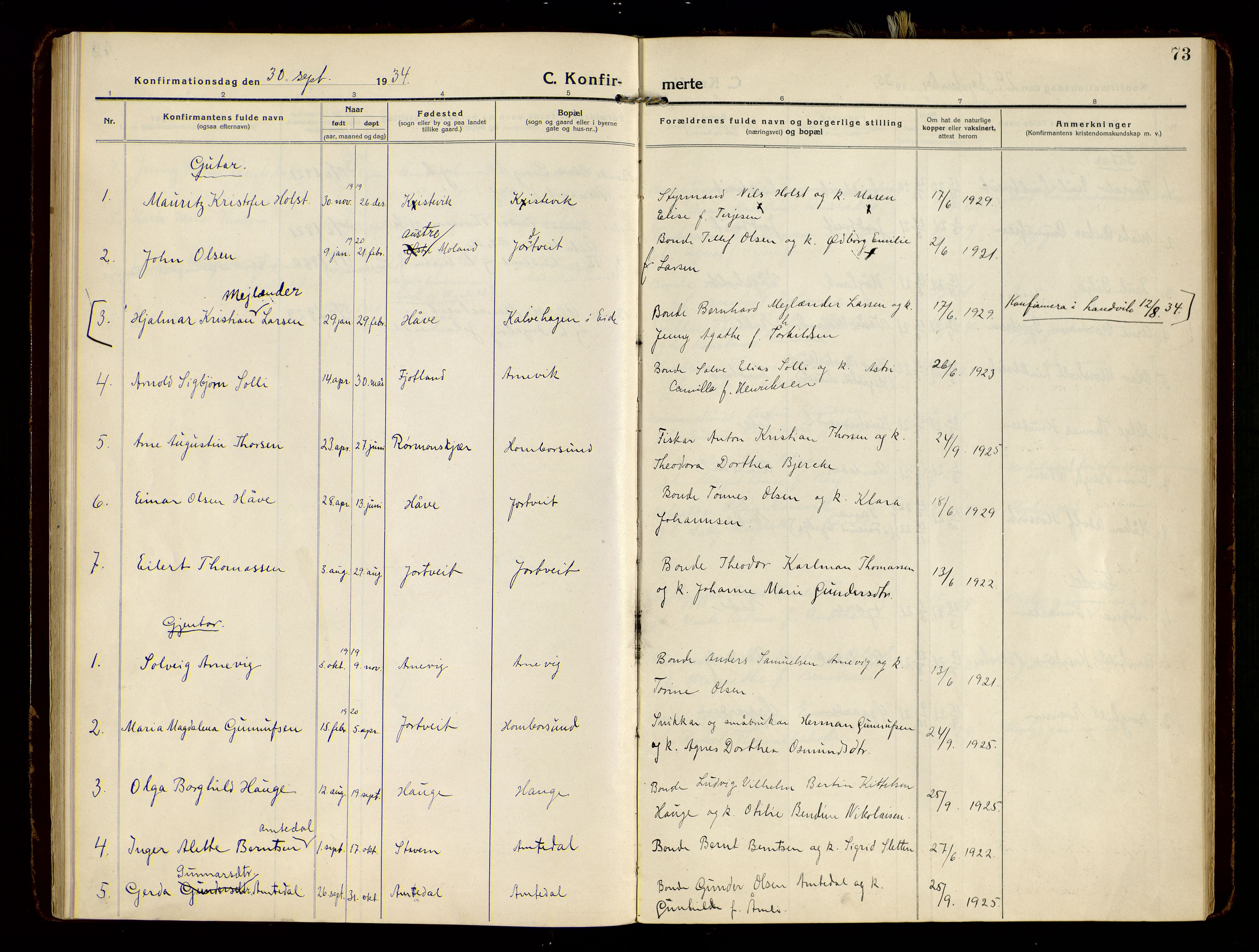 Hommedal sokneprestkontor, AV/SAK-1111-0023/F/Fa/Faa/L0004: Parish register (official) no. A 4, 1916-1945, p. 73