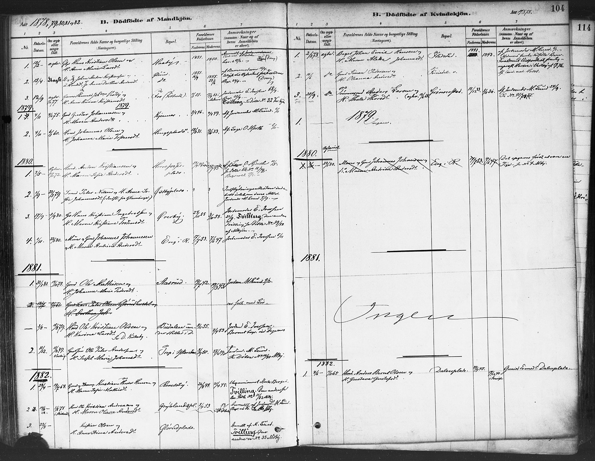 Rakkestad prestekontor Kirkebøker, AV/SAO-A-2008/F/Fa/L0012: Parish register (official) no. I 12, 1878-1893, p. 104