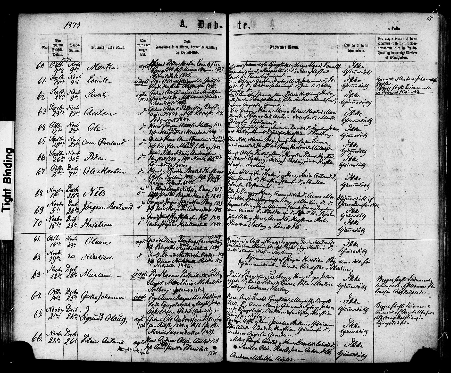 Ministerialprotokoller, klokkerbøker og fødselsregistre - Nord-Trøndelag, SAT/A-1458/730/L0284: Parish register (official) no. 730A09, 1866-1878, p. 65