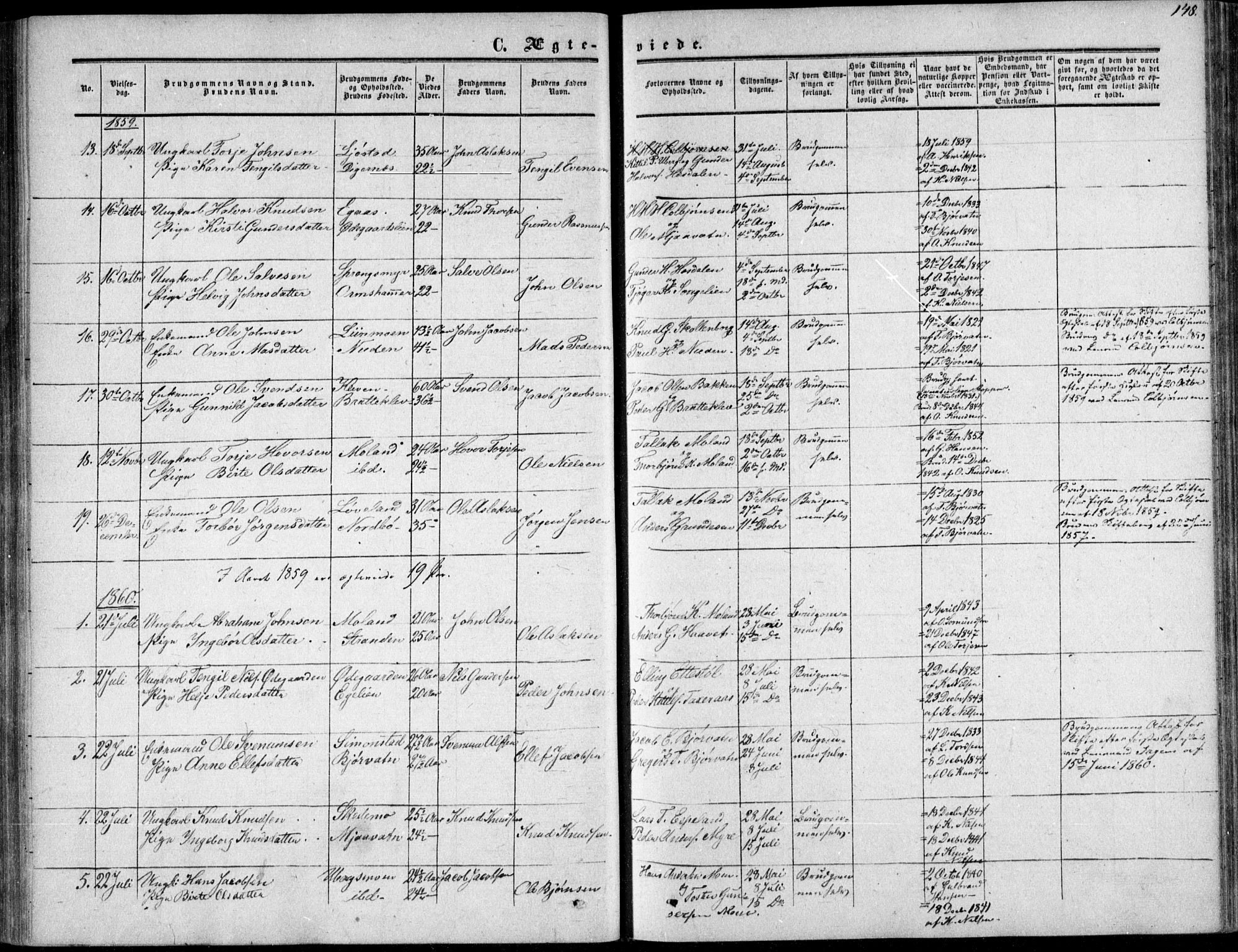 Gjerstad sokneprestkontor, AV/SAK-1111-0014/F/Fa/Fab/L0003: Parish register (official) no. A 3, 1853-1878, p. 148