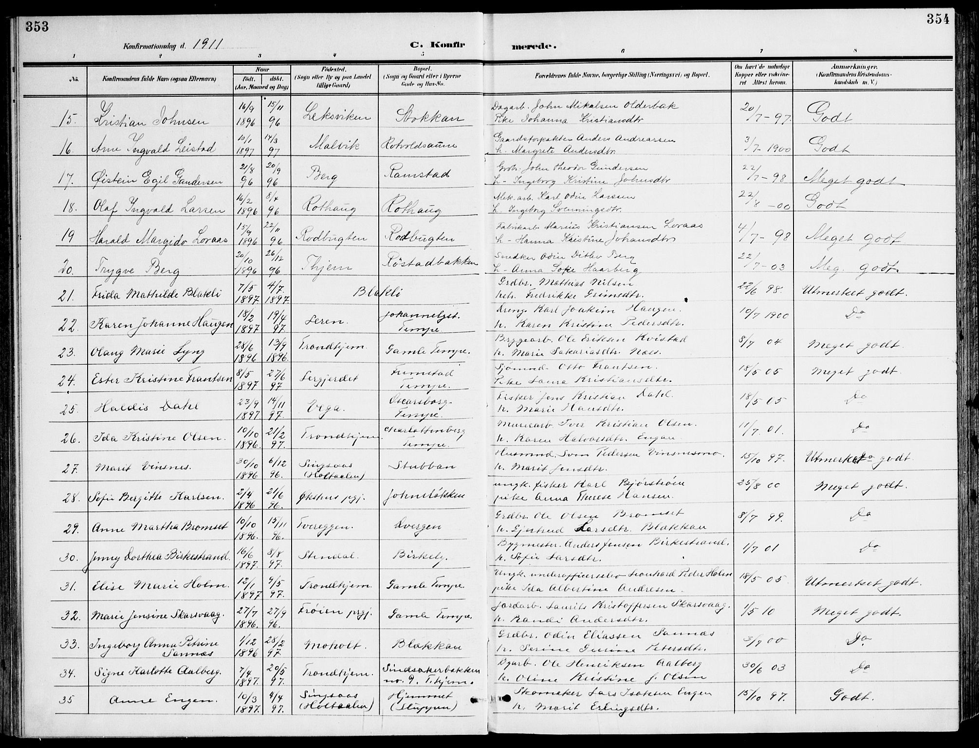 Ministerialprotokoller, klokkerbøker og fødselsregistre - Sør-Trøndelag, AV/SAT-A-1456/607/L0320: Parish register (official) no. 607A04, 1907-1915, p. 353-354