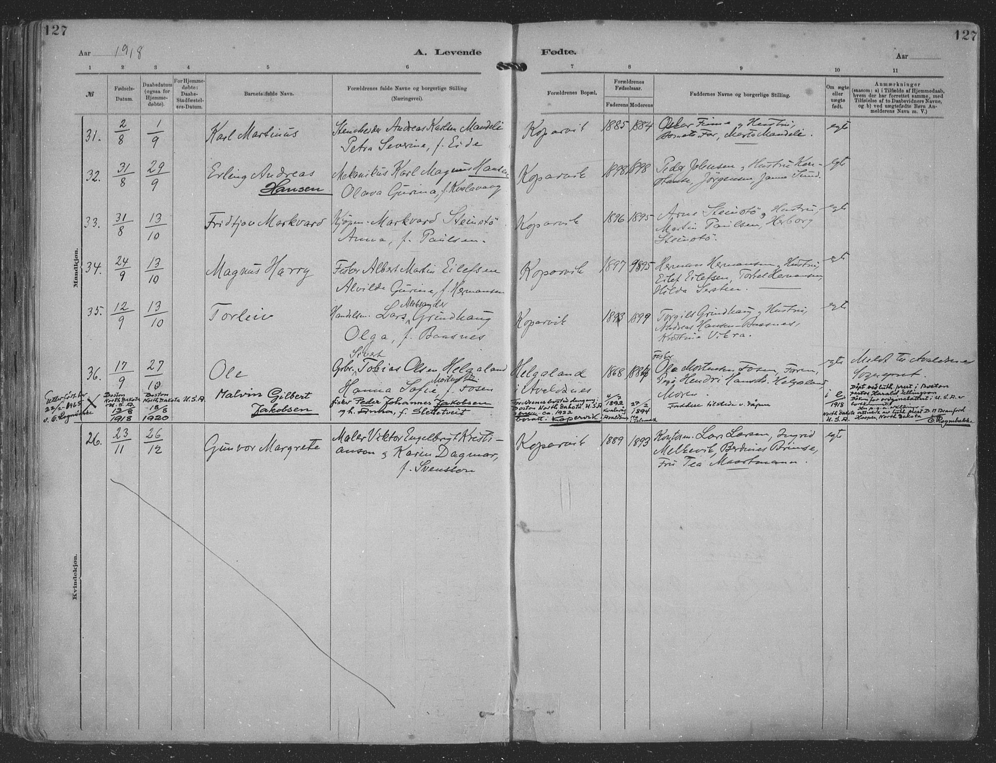 Kopervik sokneprestkontor, AV/SAST-A-101850/H/Ha/Haa/L0001: Parish register (official) no. A 1, 1880-1919, p. 127