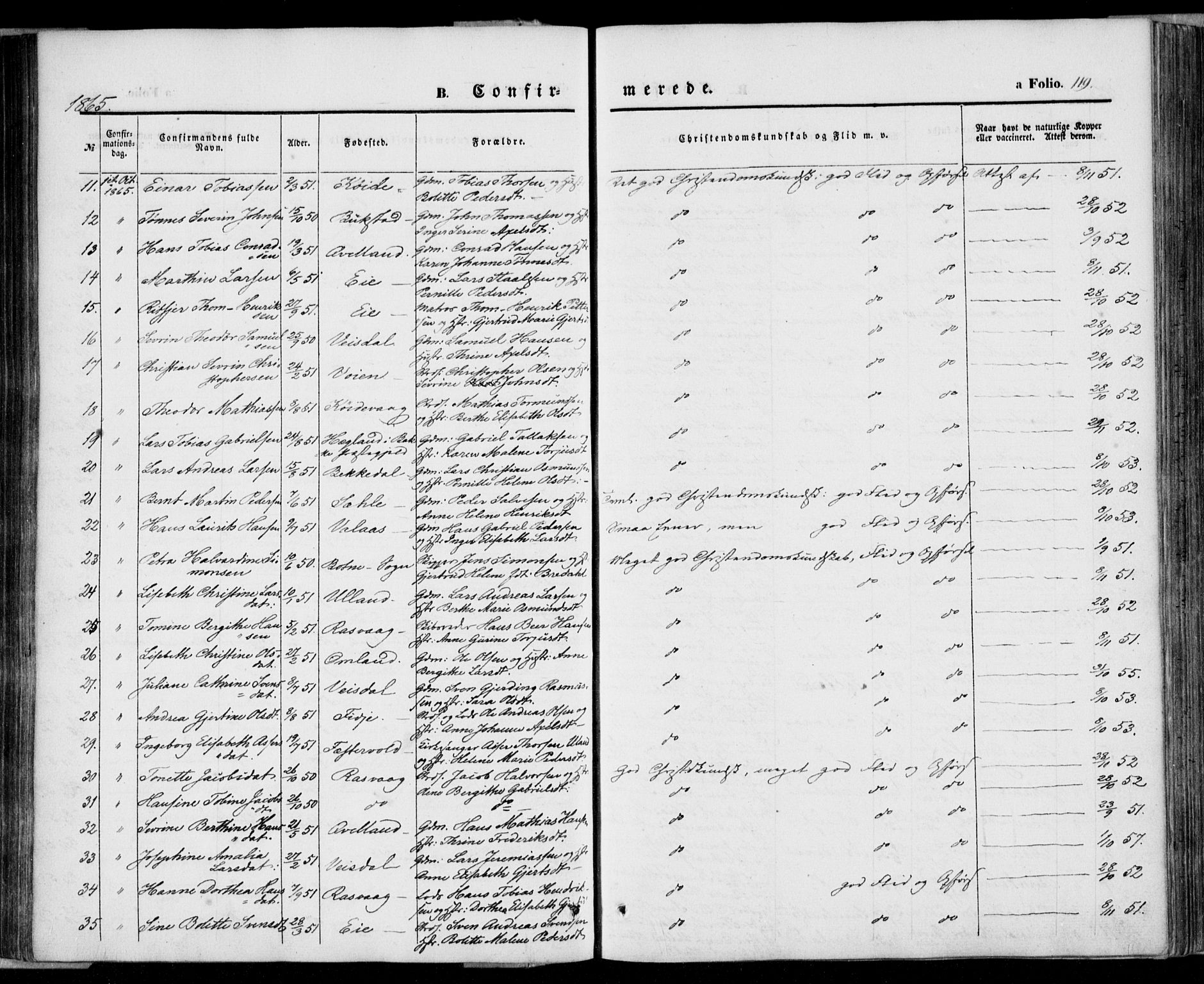 Flekkefjord sokneprestkontor, AV/SAK-1111-0012/F/Fa/Fab/L0004: Parish register (official) no. A 4, 1850-1875, p. 119