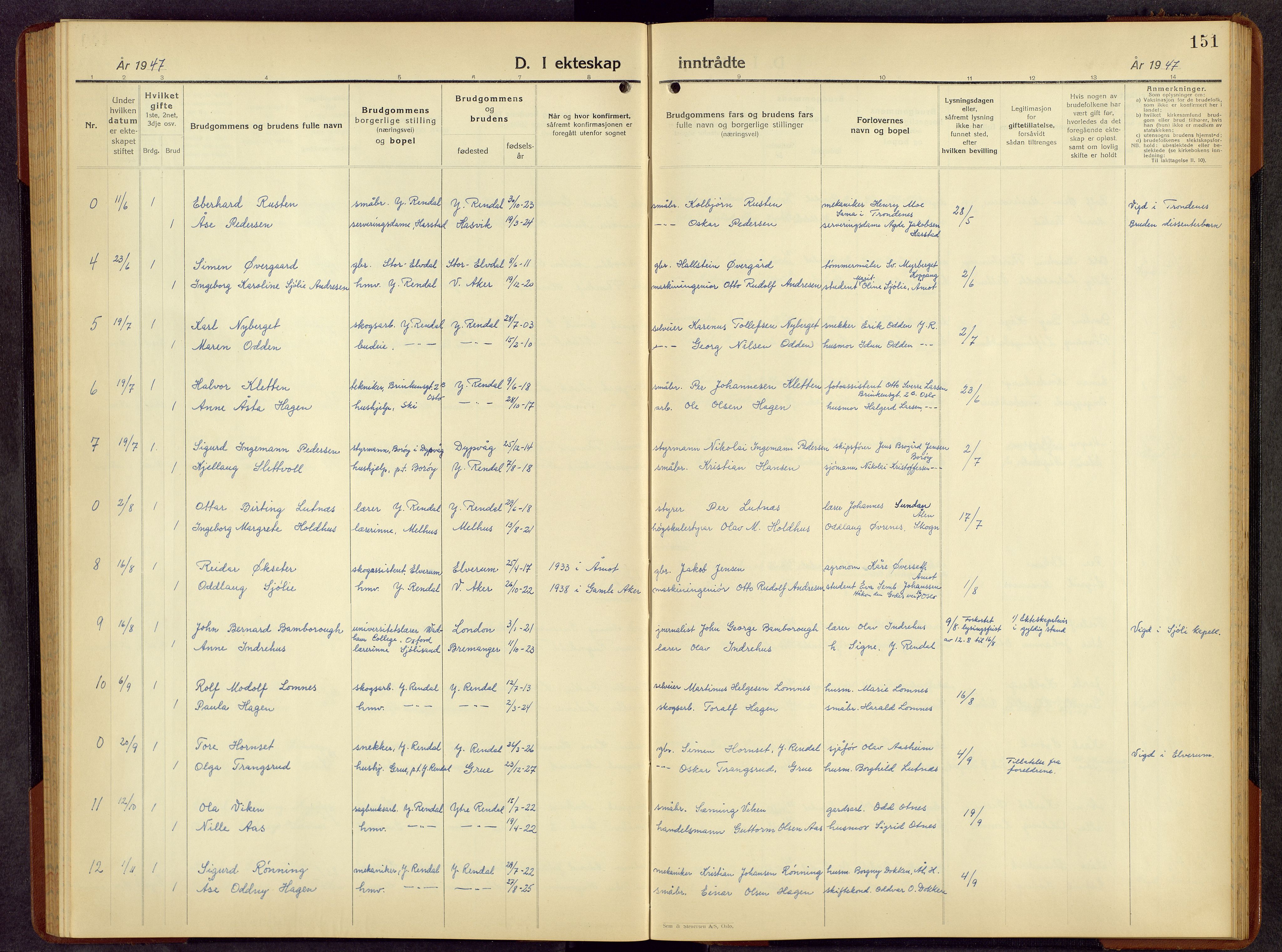 Rendalen prestekontor, AV/SAH-PREST-054/H/Ha/Hab/L0006: Parish register (copy) no. 6, 1941-1958, p. 151