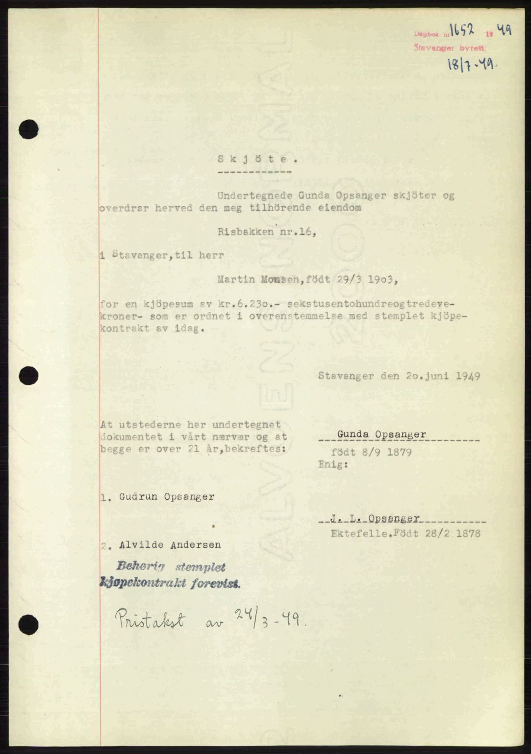 Stavanger byrett, SAST/A-100455/002/G/Gb/L0023: Mortgage book no. A12, 1948-1949, Diary no: : 1652/1949
