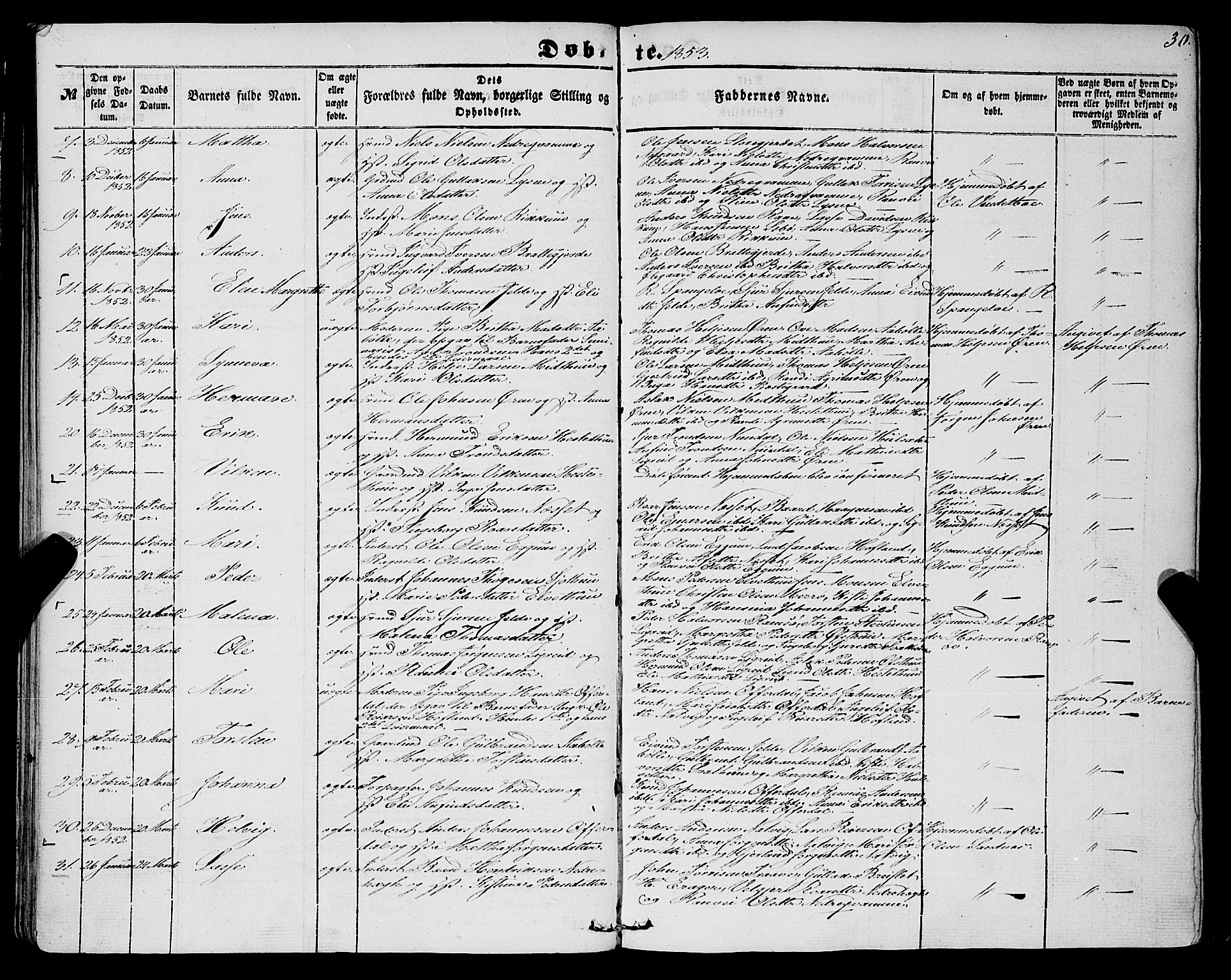 Lærdal sokneprestembete, SAB/A-81201: Parish register (official) no. A 11, 1850-1866, p. 30