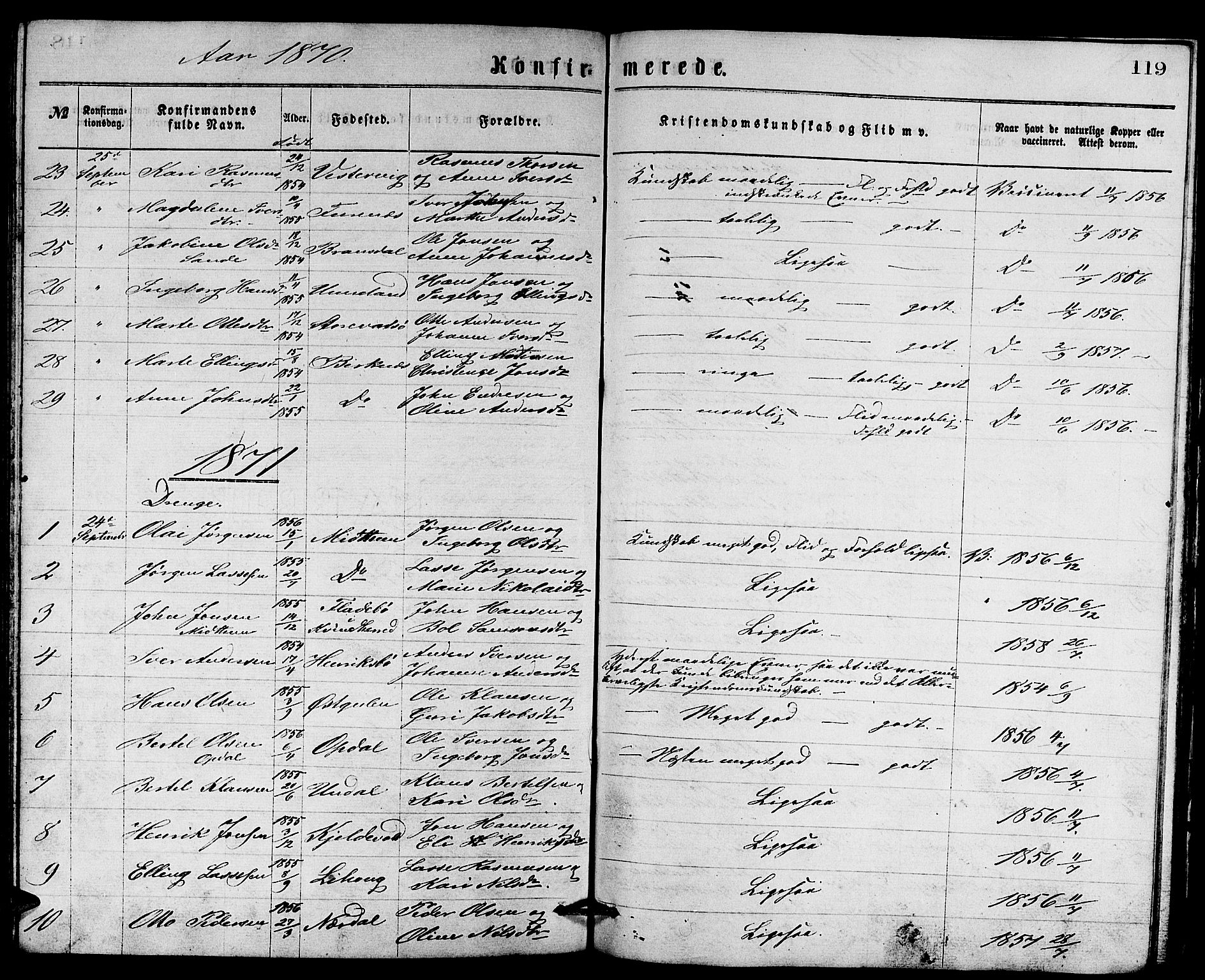 Gulen sokneprestembete, SAB/A-80201/H/Hab/Habb/L0002: Parish register (copy) no. B 2, 1867-1883, p. 119