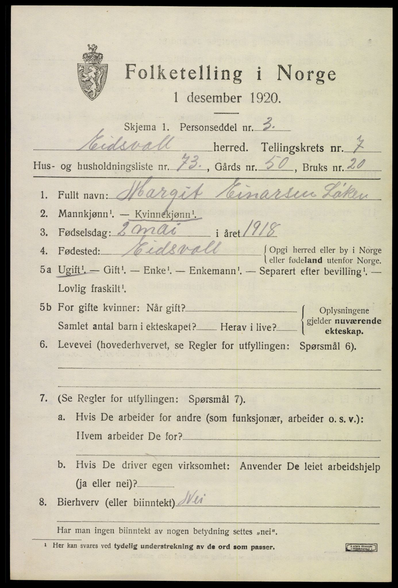 SAO, 1920 census for Eidsvoll, 1920, p. 12775