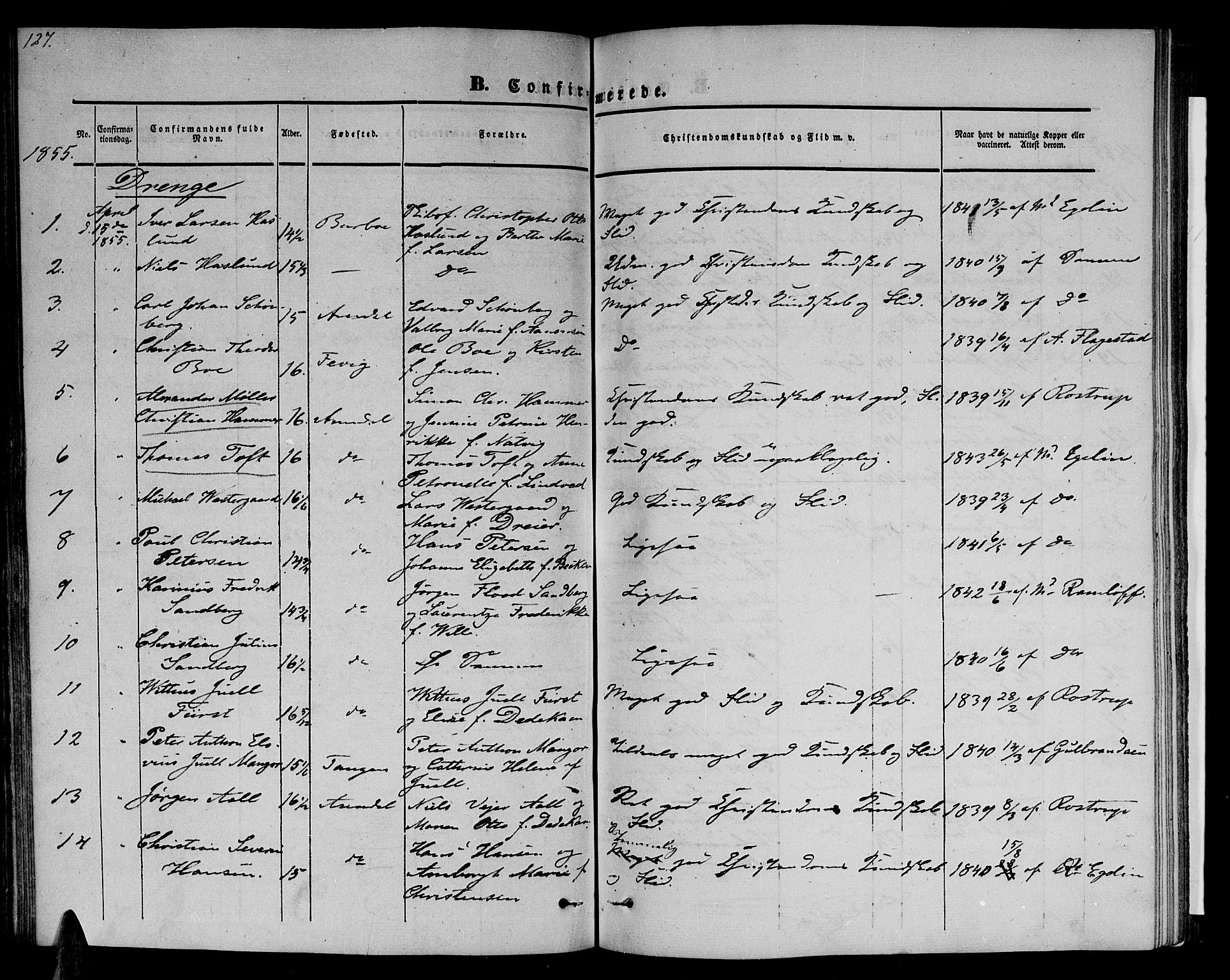 Arendal sokneprestkontor, Trefoldighet, SAK/1111-0040/F/Fb/L0002: Parish register (copy) no. B 2, 1838-1860, p. 127