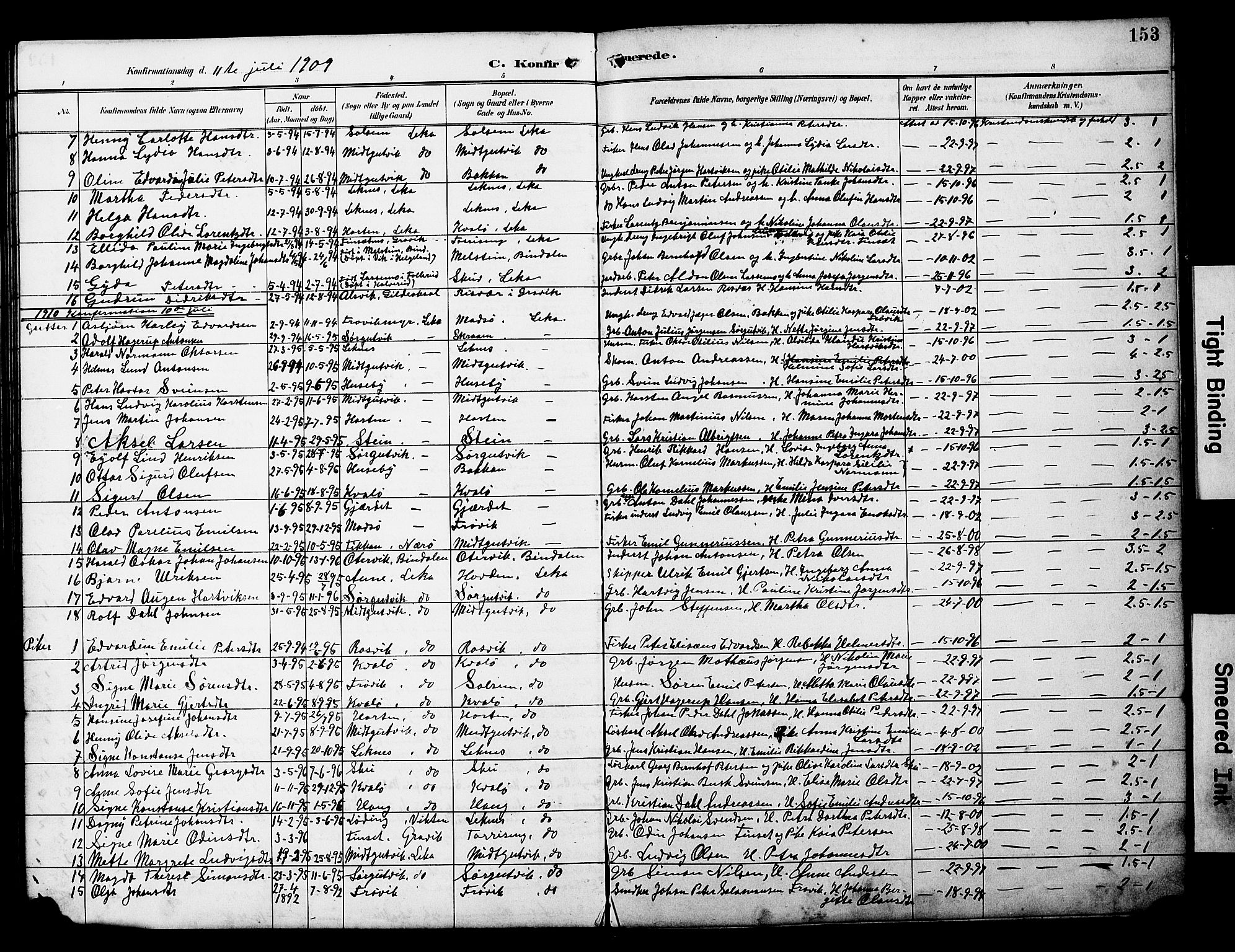 Ministerialprotokoller, klokkerbøker og fødselsregistre - Nord-Trøndelag, SAT/A-1458/788/L0701: Parish register (copy) no. 788C01, 1888-1913, p. 153