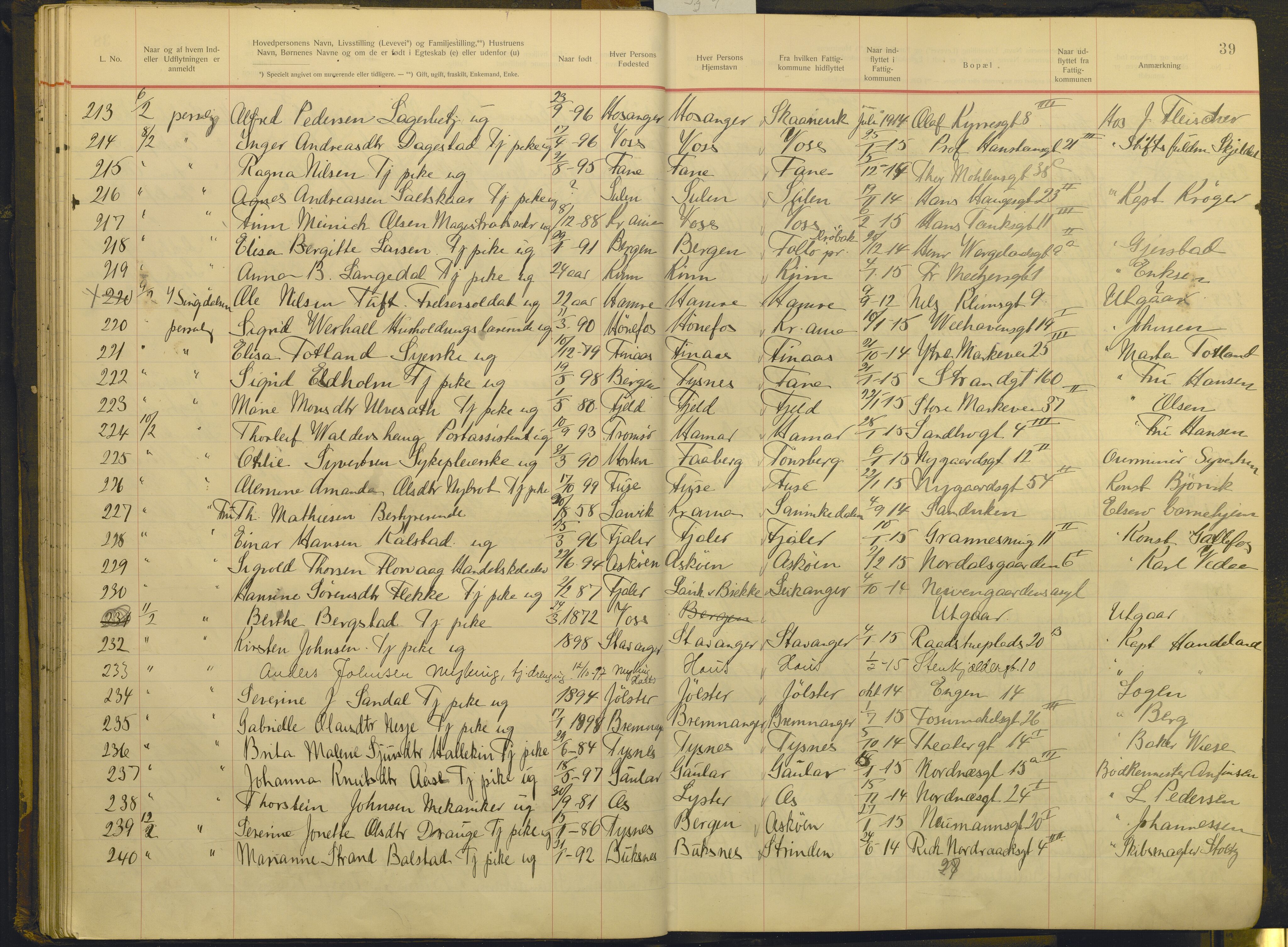 Bergen politikammer / politidistrikt, AV/SAB-A-60401/J.g/L0009: Protokoll over innflyttede, 1914-1917, p. 39