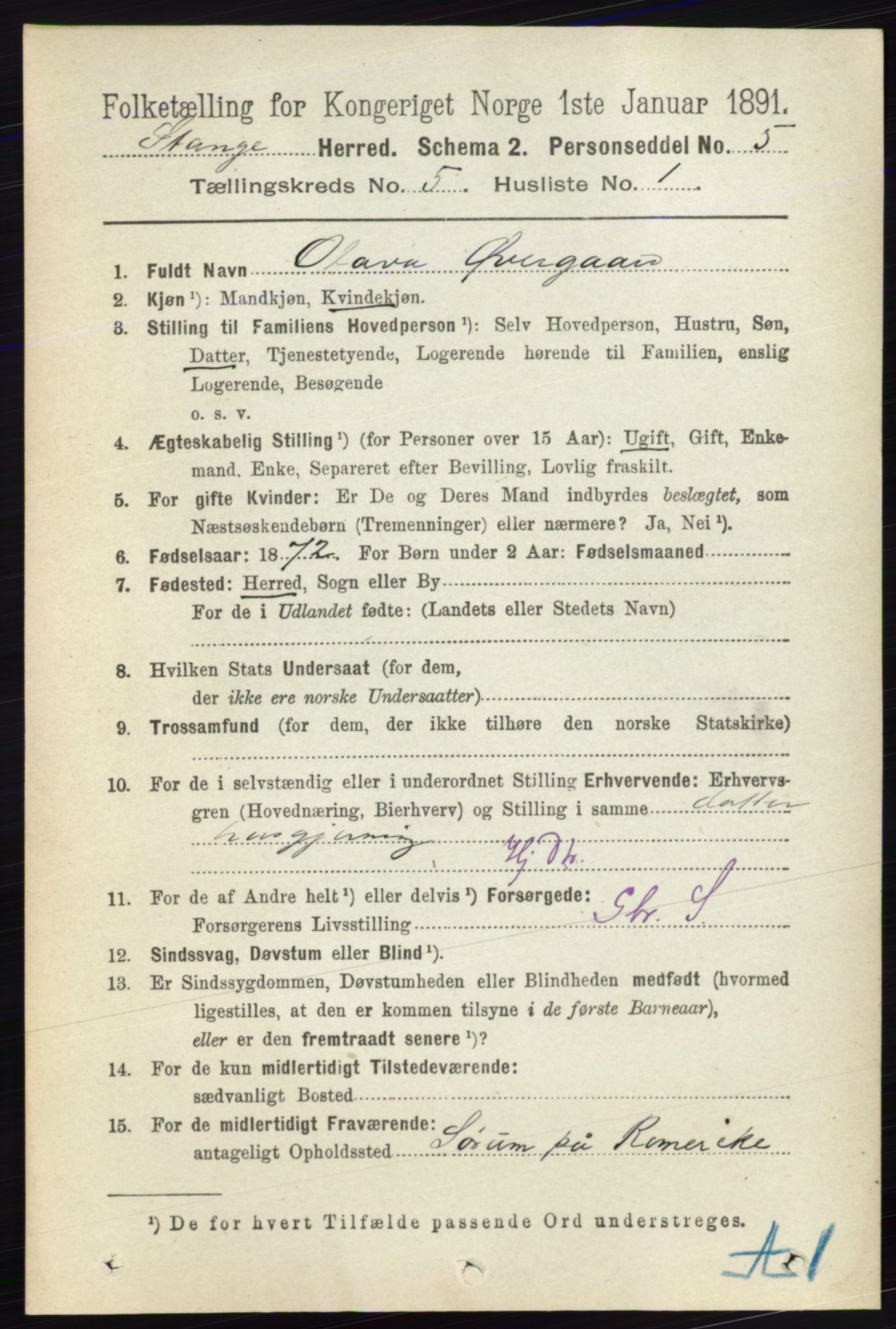 RA, 1891 census for 0417 Stange, 1891, p. 3100