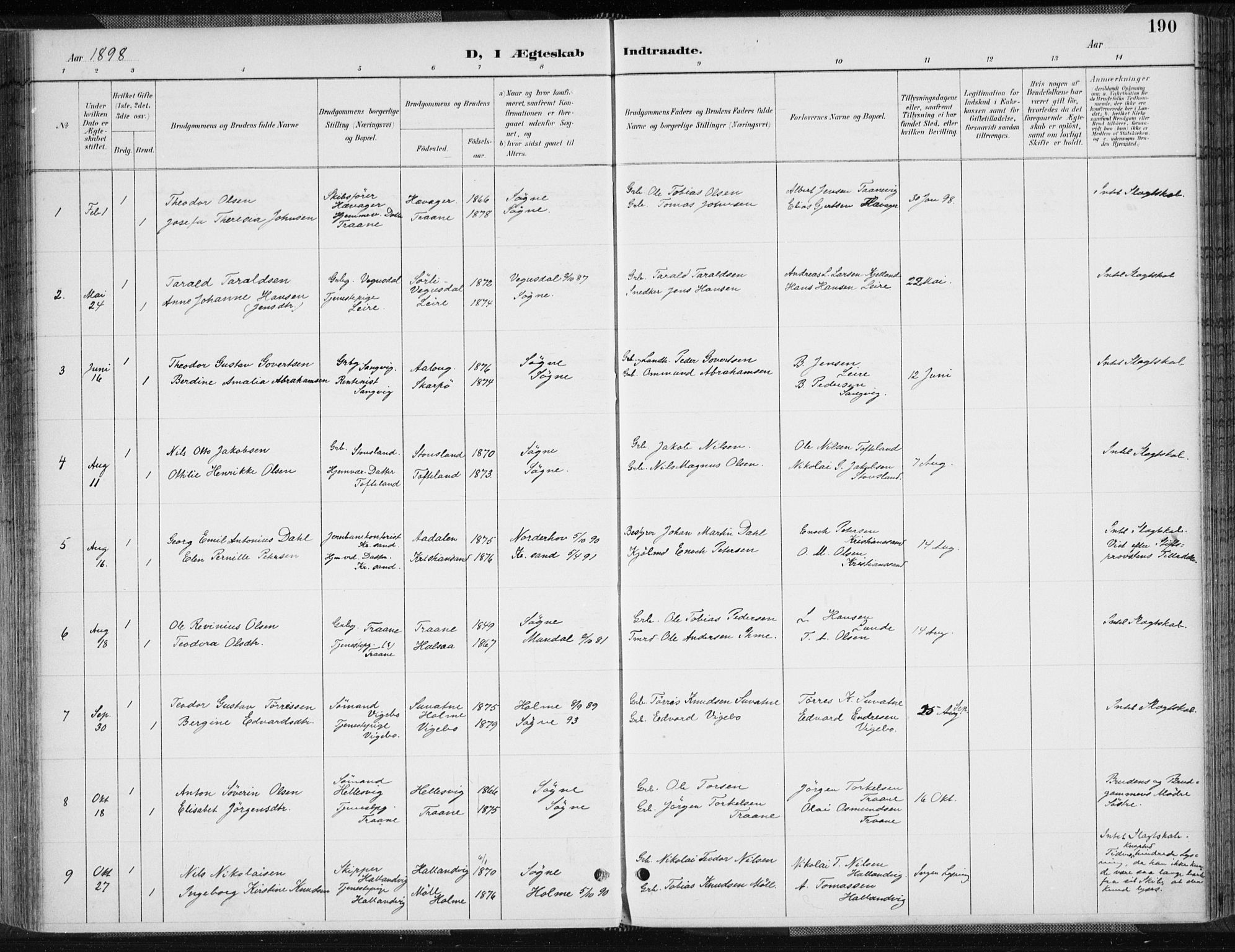 Søgne sokneprestkontor, SAK/1111-0037/F/Fa/Fab/L0013: Parish register (official) no. A 13, 1892-1911, p. 190