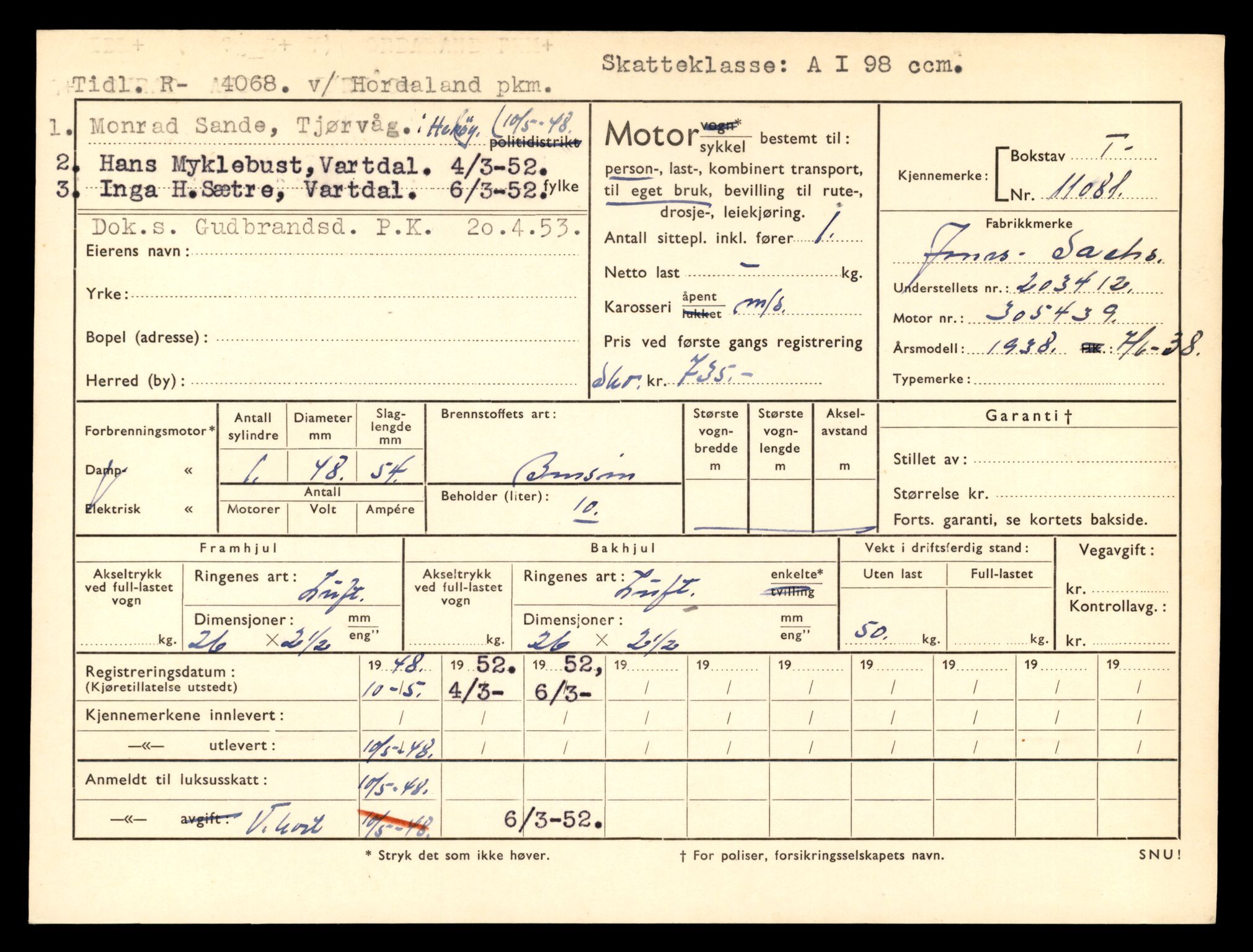 Møre og Romsdal vegkontor - Ålesund trafikkstasjon, AV/SAT-A-4099/F/Fe/L0026: Registreringskort for kjøretøy T 11046 - T 11160, 1927-1998, p. 1073