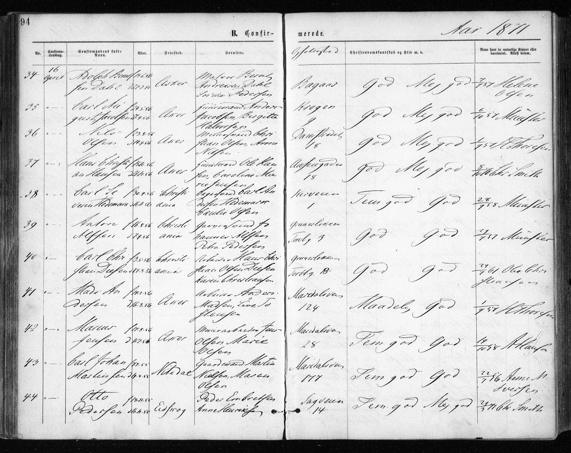 Gamle Aker prestekontor Kirkebøker, SAO/A-10617a/F/L0003: Parish register (official) no. 3, 1865-1873, p. 94