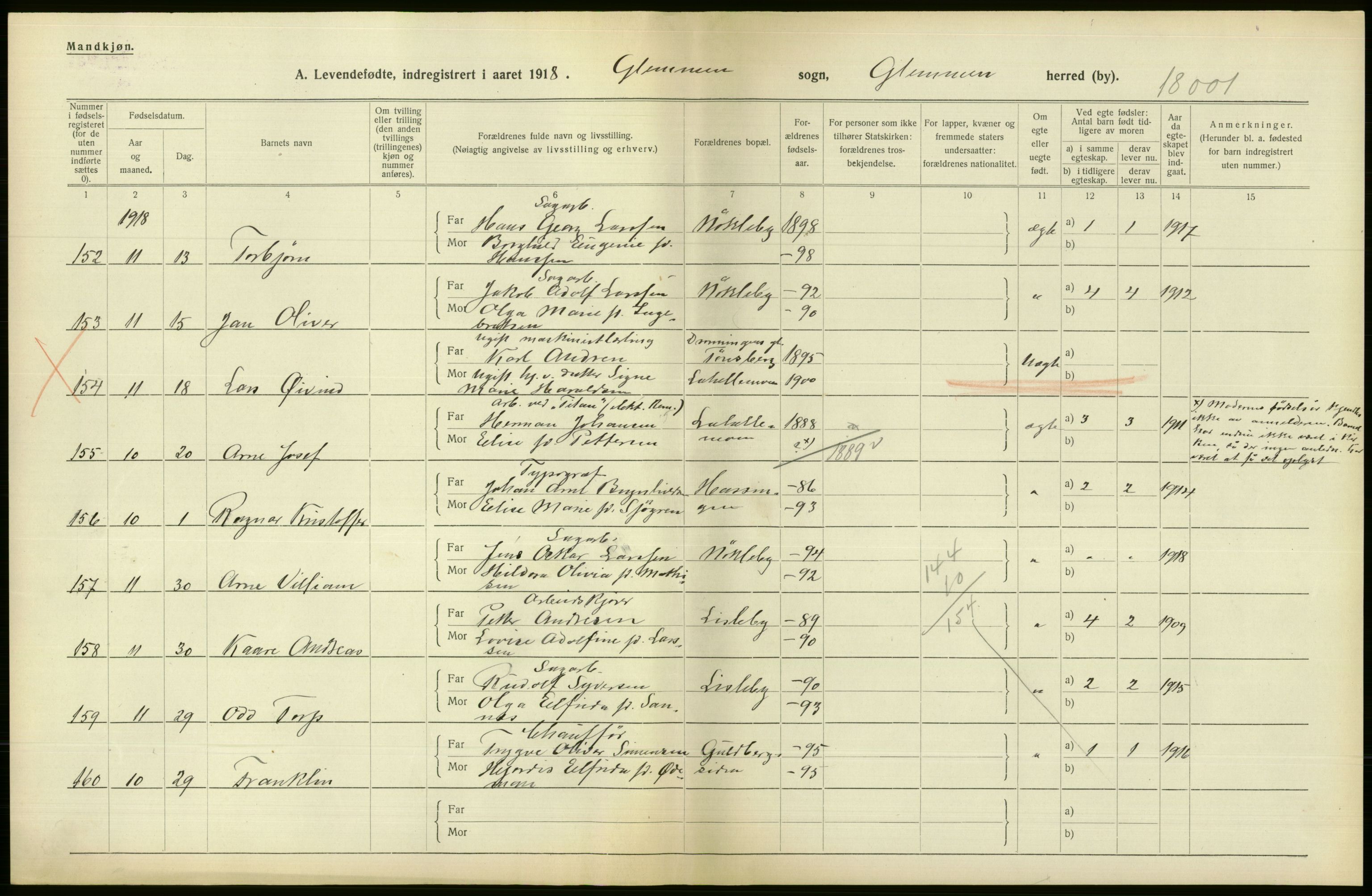 Statistisk sentralbyrå, Sosiodemografiske emner, Befolkning, RA/S-2228/D/Df/Dfb/Dfbh/L0001: Østfold fylke: Levendefødte menn og kvinner. Bygder., 1918, p. 36