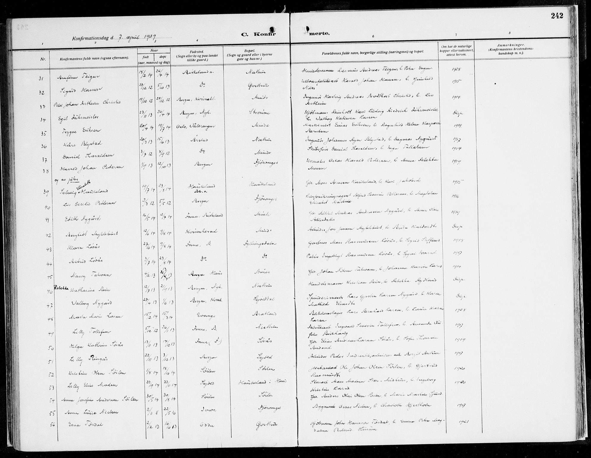 Fana Sokneprestembete, AV/SAB-A-75101/H/Haa/Haaj/L0001: Parish register (official) no. J 1, 1921-1935, p. 242