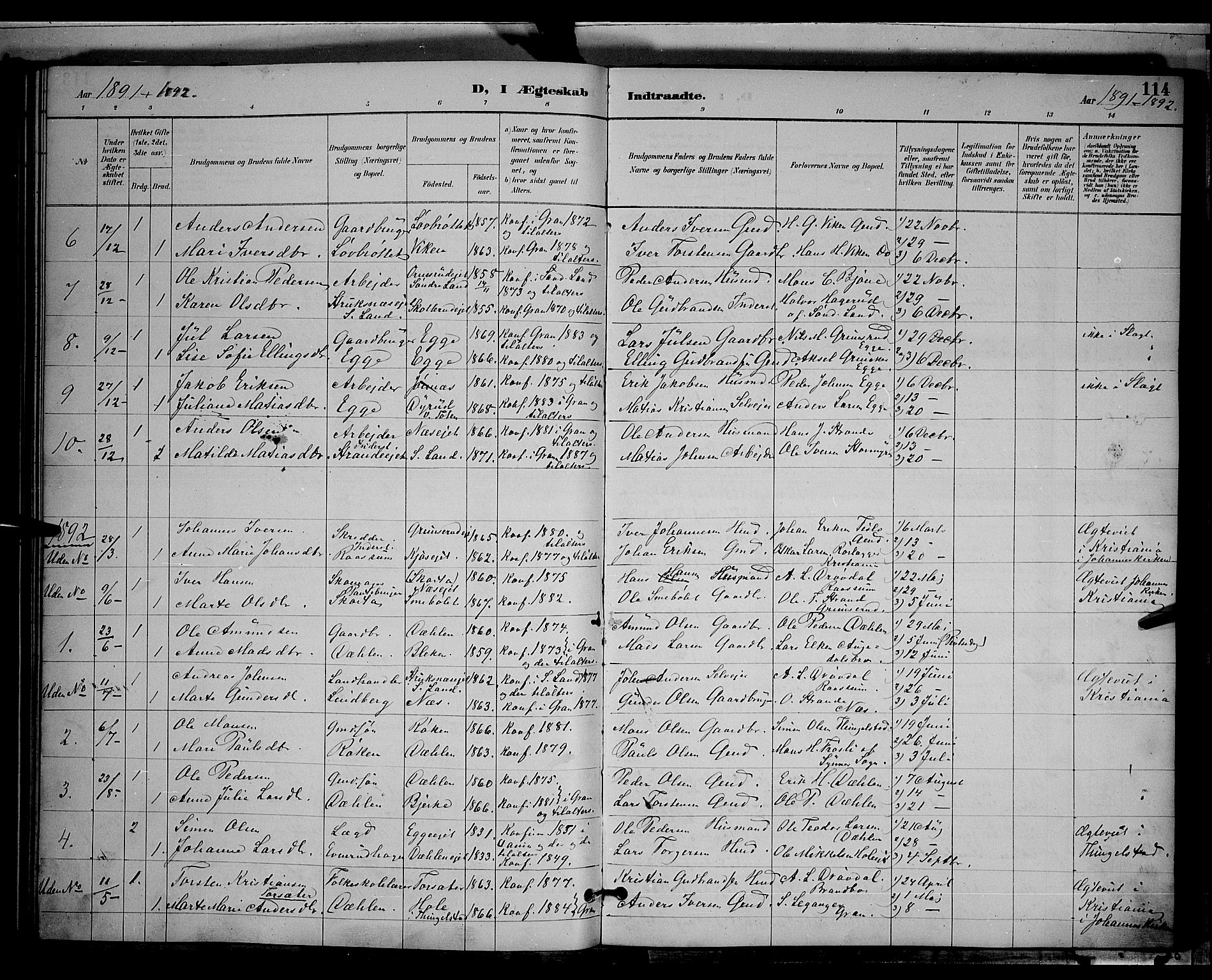 Gran prestekontor, SAH/PREST-112/H/Ha/Hab/L0004: Parish register (copy) no. 4, 1890-1899, p. 114