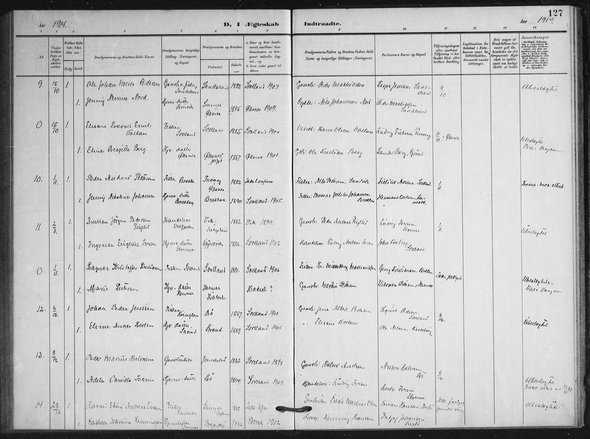 Ministerialprotokoller, klokkerbøker og fødselsregistre - Nordland, SAT/A-1459/895/L1373: Parish register (official) no. 895A08, 1905-1915, p. 127