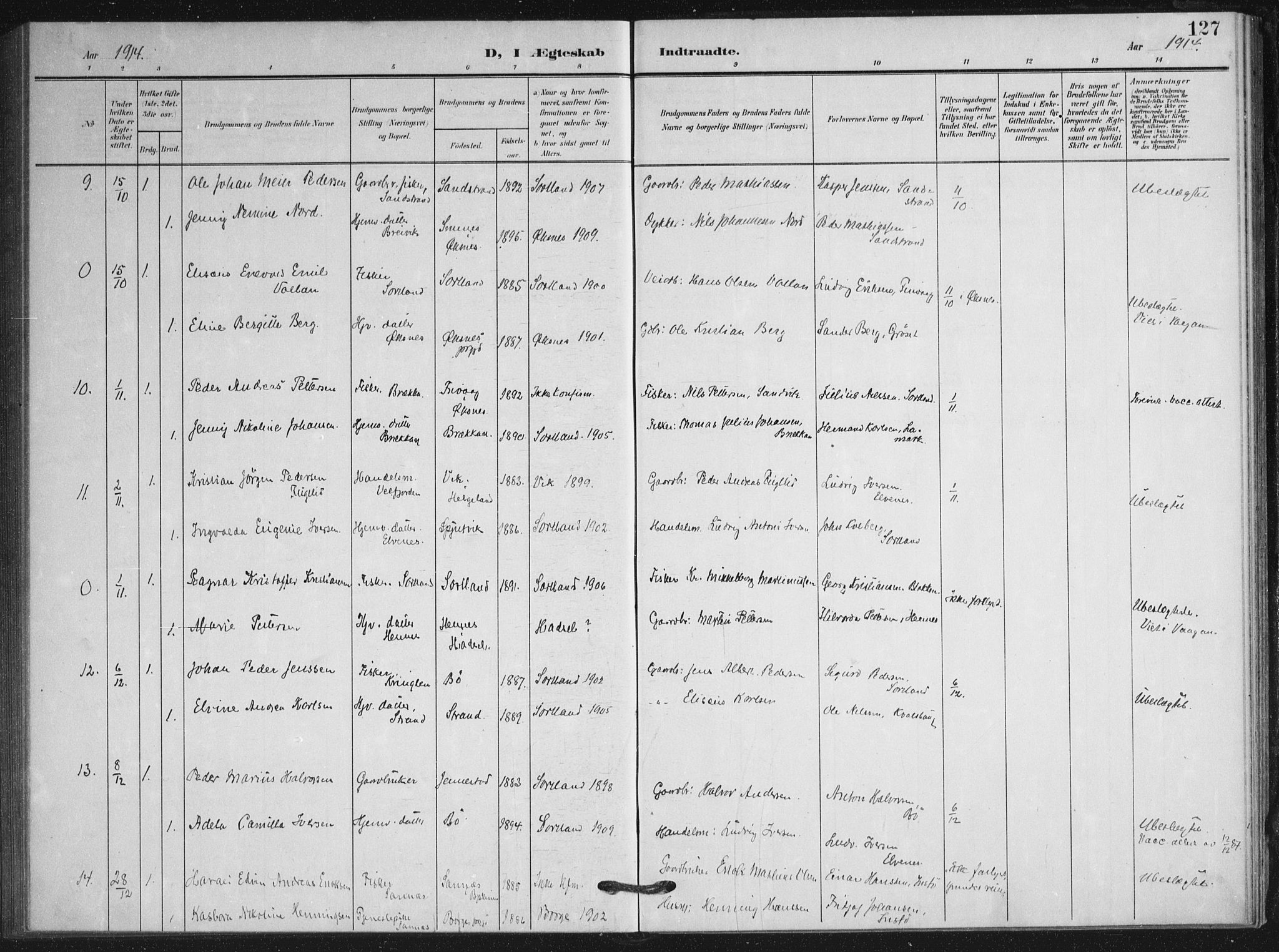 Ministerialprotokoller, klokkerbøker og fødselsregistre - Nordland, AV/SAT-A-1459/895/L1373: Parish register (official) no. 895A08, 1905-1915, p. 127