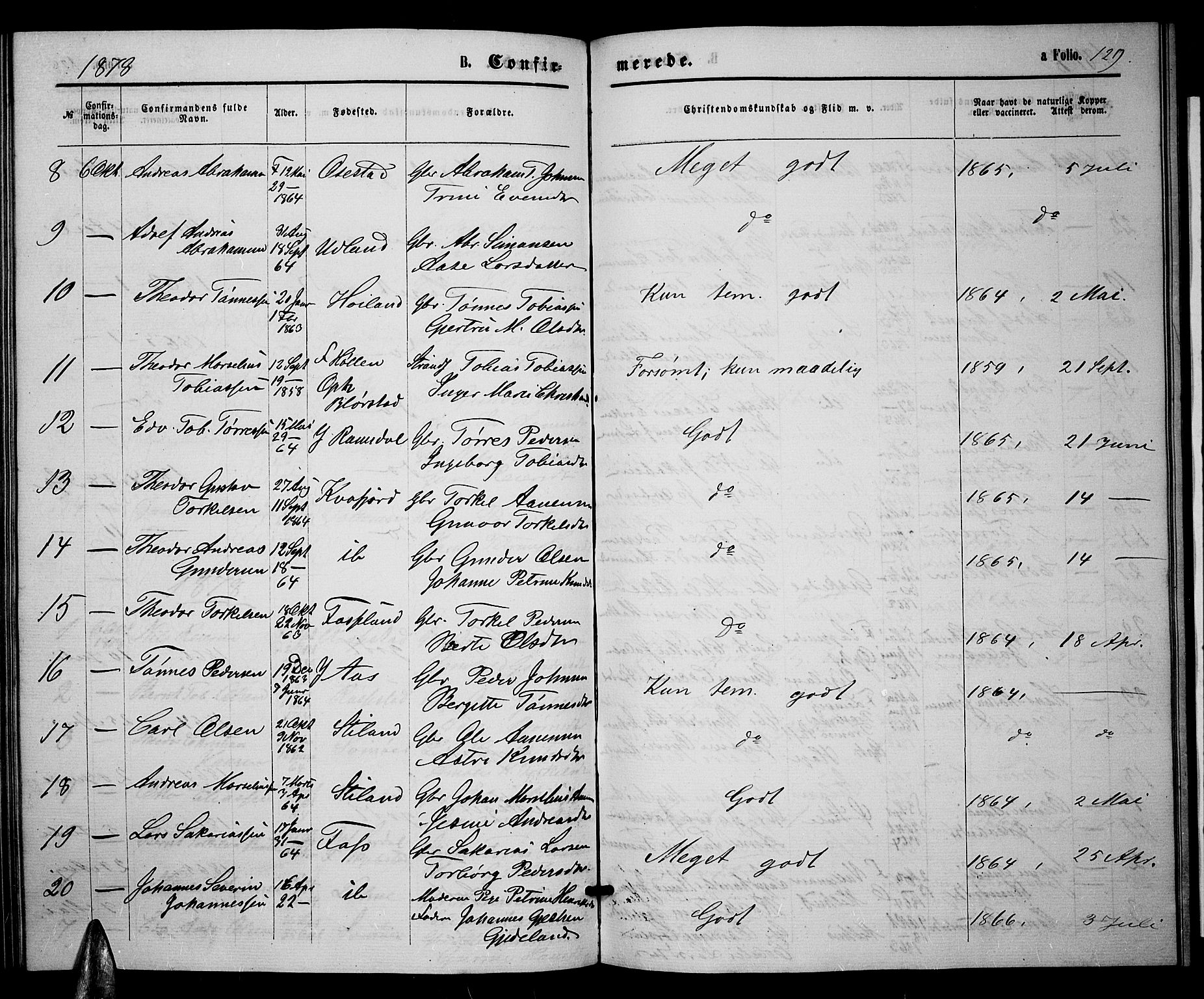 Sør-Audnedal sokneprestkontor, AV/SAK-1111-0039/F/Fb/Fbb/L0004: Parish register (copy) no. B 4, 1868-1879, p. 129