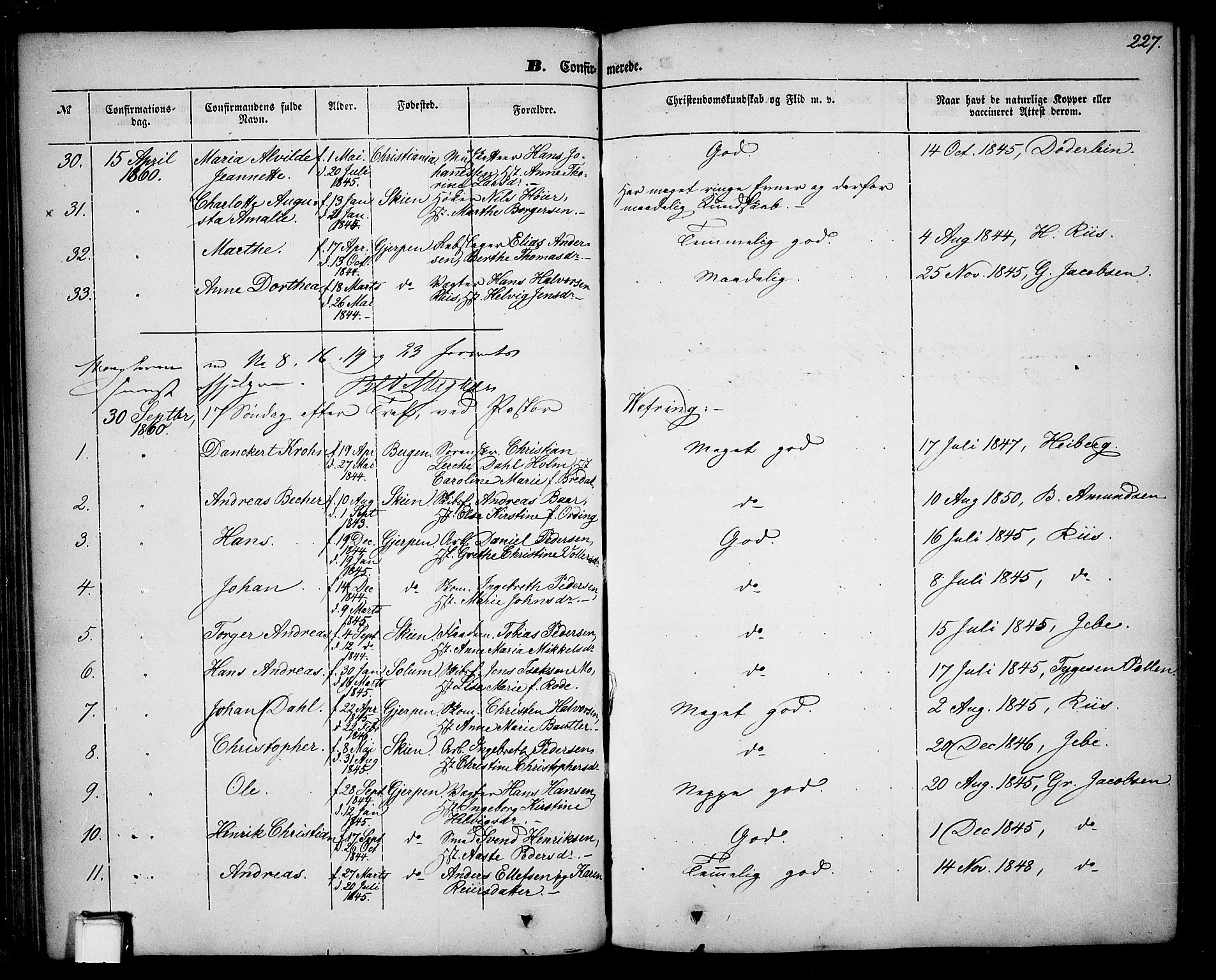 Skien kirkebøker, SAKO/A-302/G/Ga/L0004: Parish register (copy) no. 4, 1843-1867, p. 227