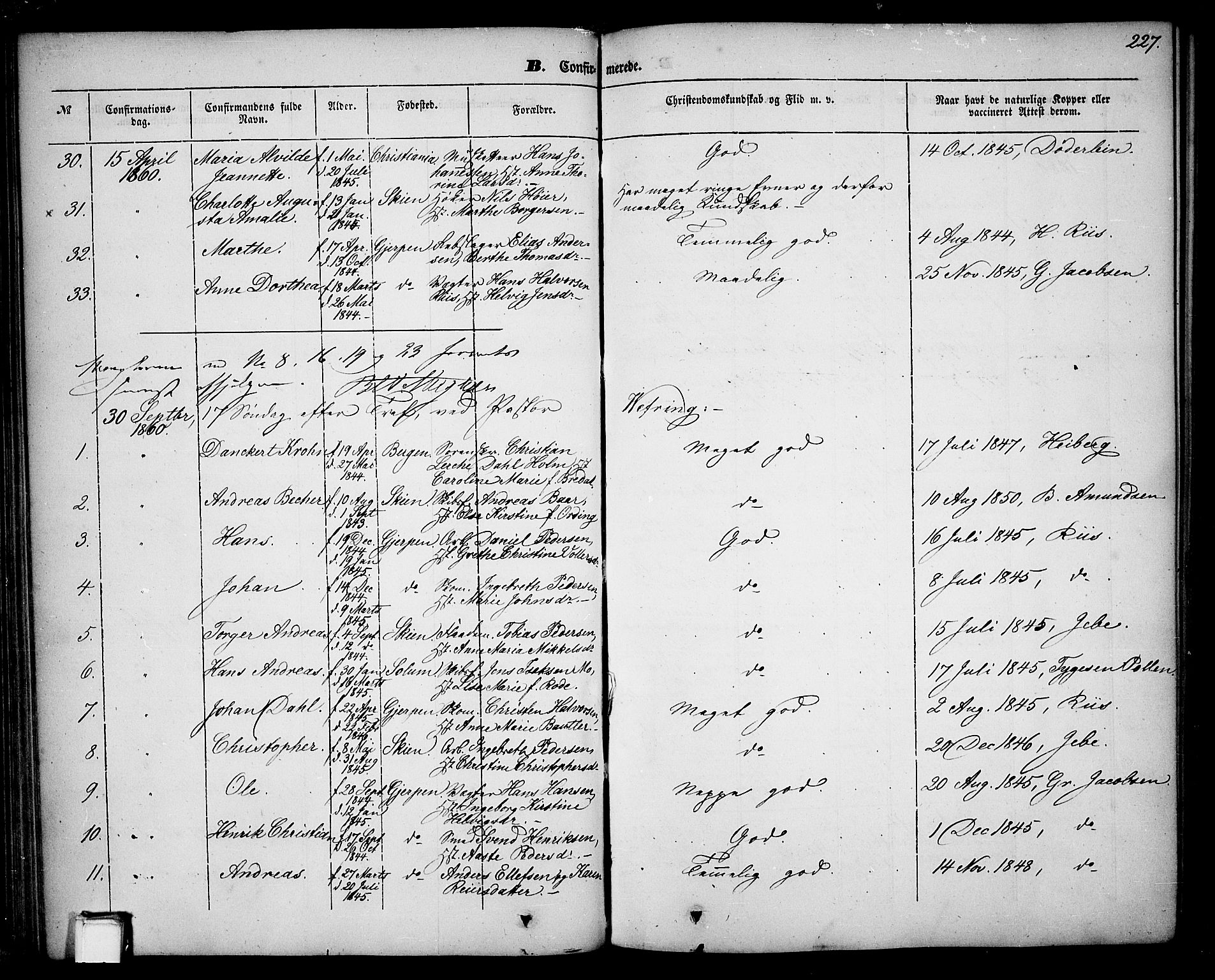 Skien kirkebøker, AV/SAKO-A-302/G/Ga/L0004: Parish register (copy) no. 4, 1843-1867, p. 227