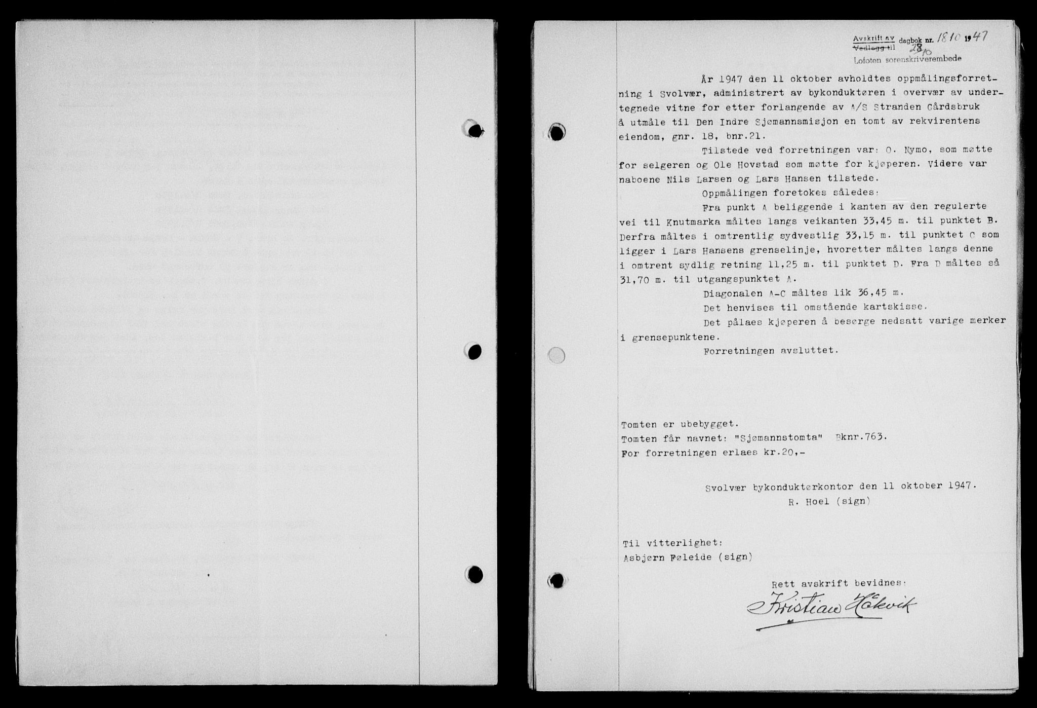 Lofoten sorenskriveri, SAT/A-0017/1/2/2C/L0017a: Mortgage book no. 17a, 1947-1948, Diary no: : 1810/1947