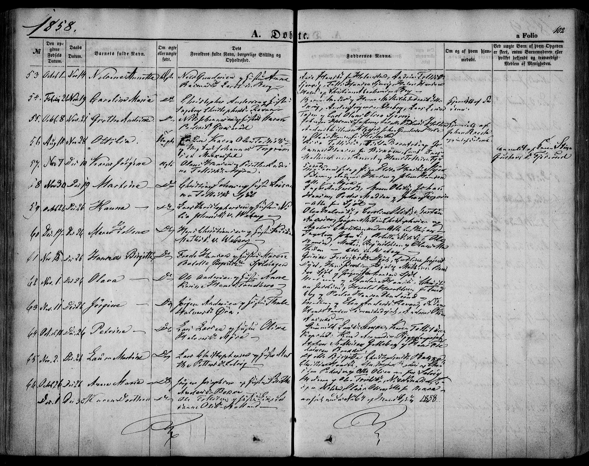 Sande Kirkebøker, AV/SAKO-A-53/F/Fa/L0004: Parish register (official) no. 4, 1847-1864, p. 102