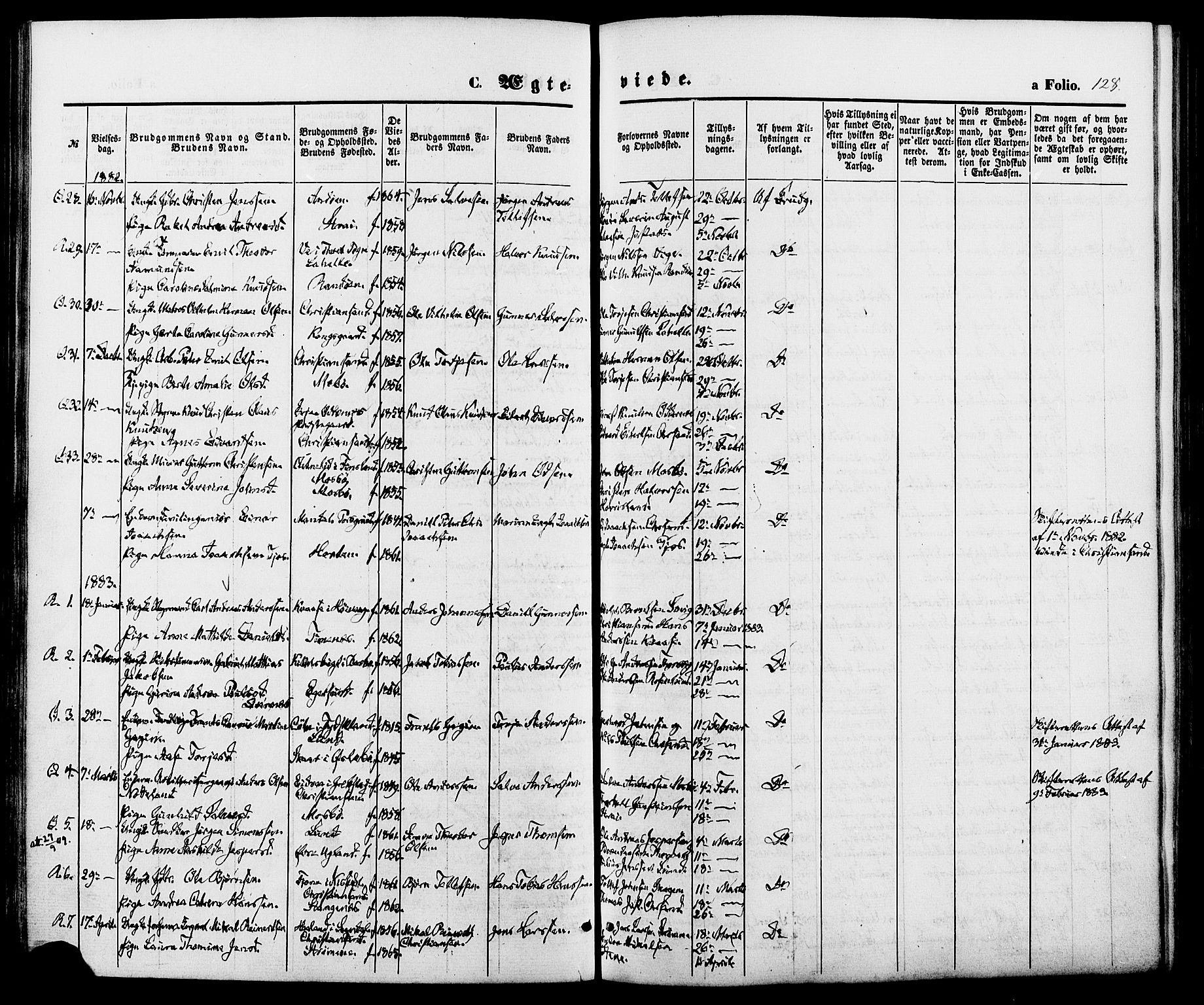 Oddernes sokneprestkontor, SAK/1111-0033/F/Fa/Fab/L0001: Parish register (official) no. A 1, 1865-1884, p. 128