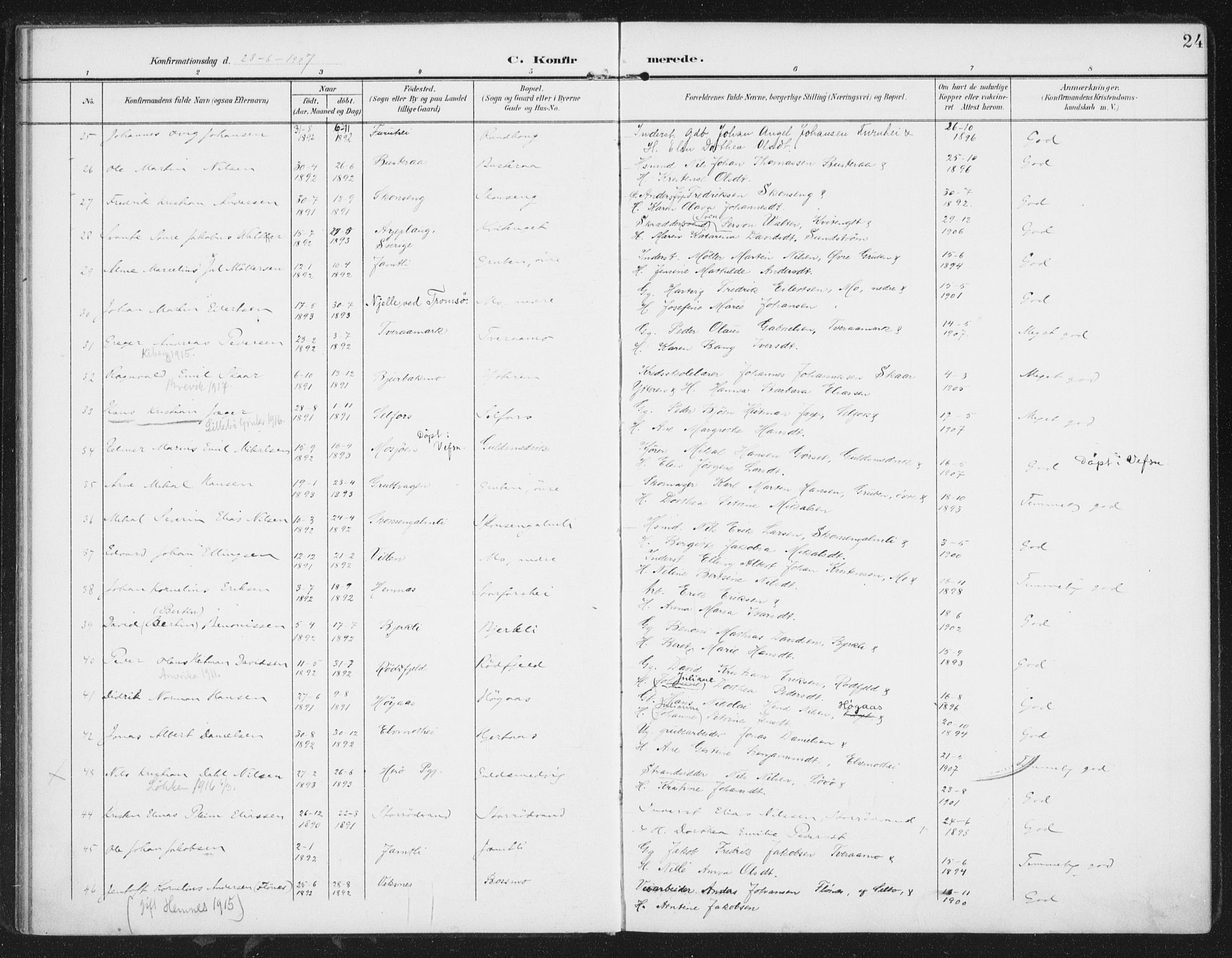 Ministerialprotokoller, klokkerbøker og fødselsregistre - Nordland, AV/SAT-A-1459/827/L0403: Parish register (official) no. 827A15, 1903-1912, p. 24