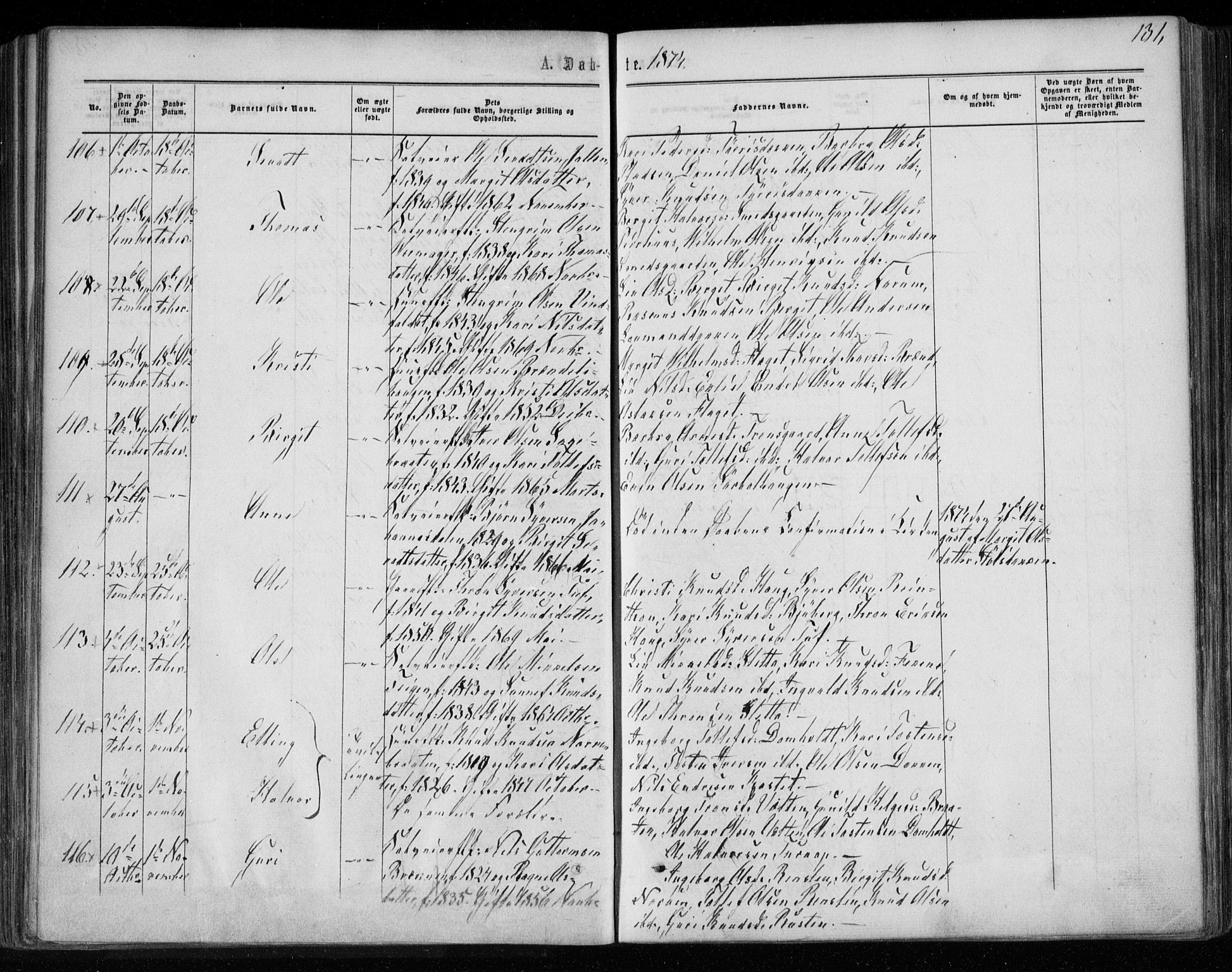 Gol kirkebøker, AV/SAKO-A-226/F/Fa/L0003: Parish register (official) no. I 3, 1863-1875, p. 131