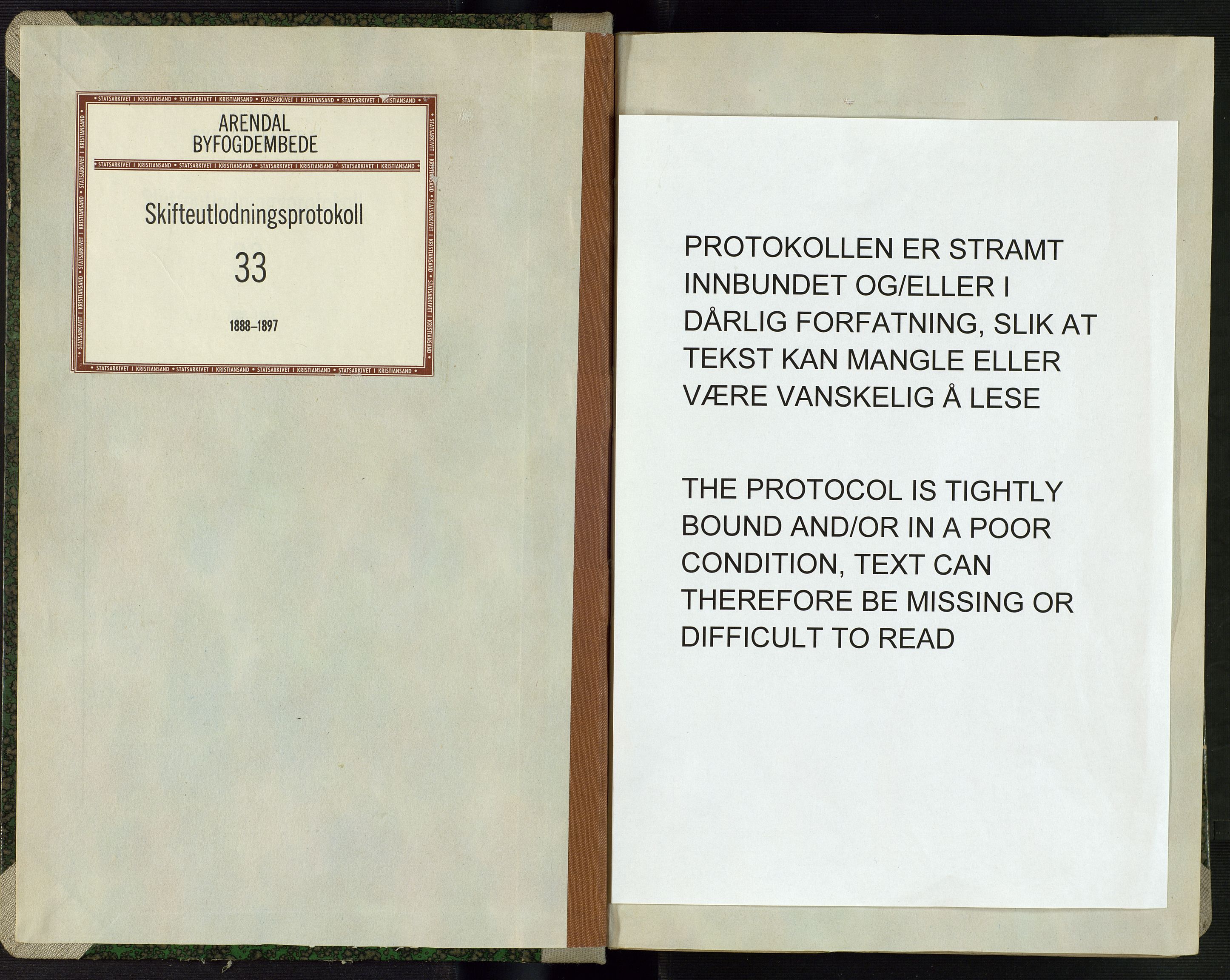 Arendal byfogd, SAK/1222-0001/H/Hc/L0035: Skifteutlodningsprotokoll nr. 33, 1888-1897