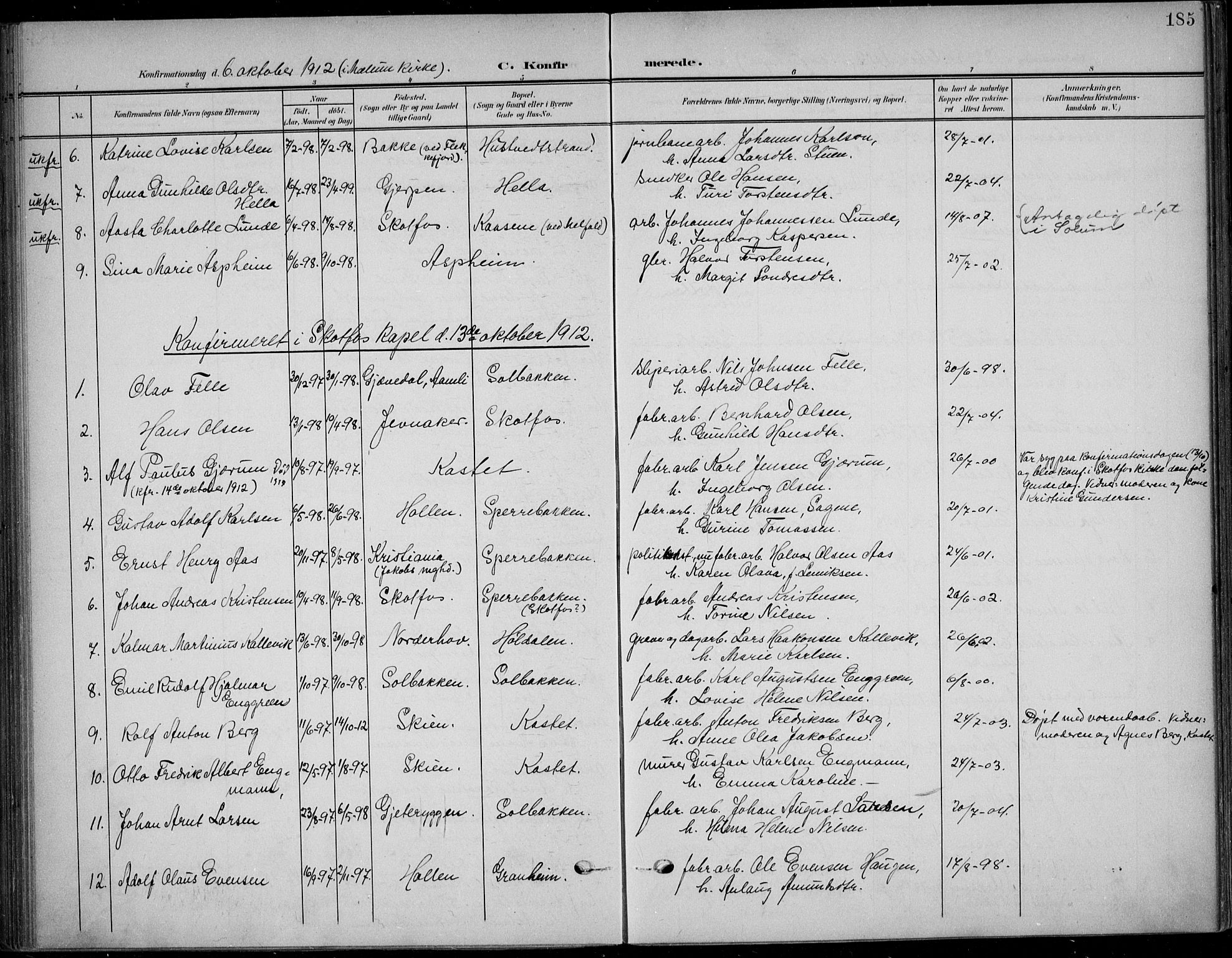 Solum kirkebøker, SAKO/A-306/F/Fb/L0003: Parish register (official) no. II 3, 1901-1912, p. 185