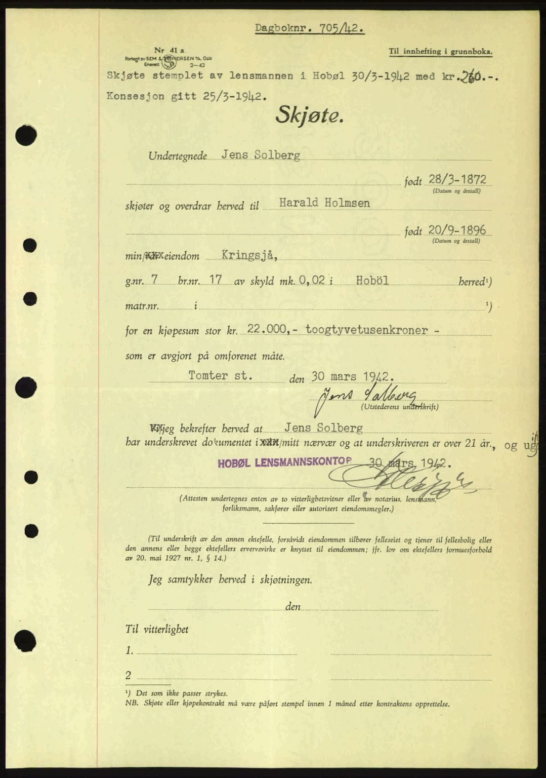 Moss sorenskriveri, SAO/A-10168: Mortgage book no. A9, 1941-1942, Diary no: : 705/1942