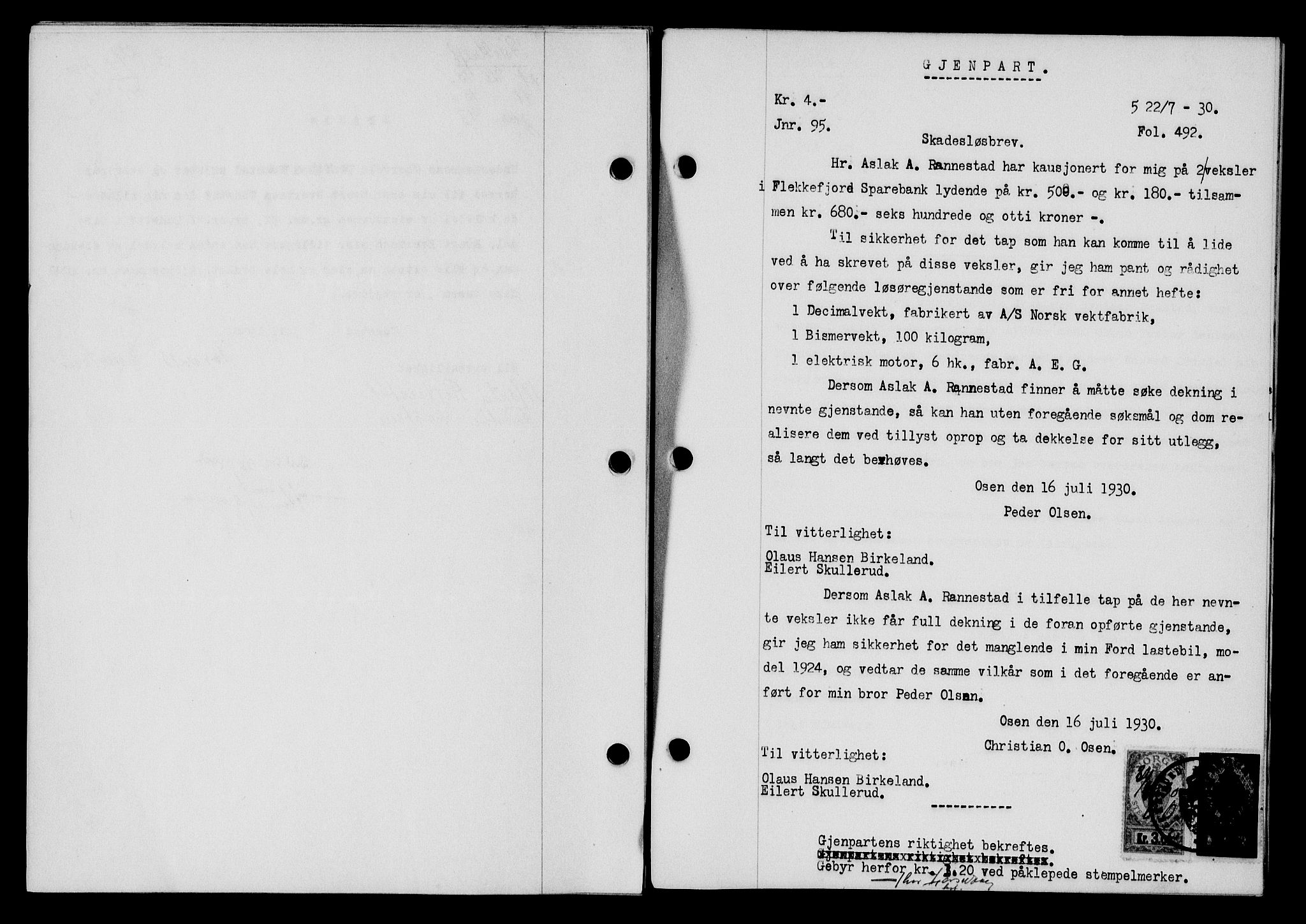 Flekkefjord sorenskriveri, AV/SAK-1221-0001/G/Gb/Gba/L0045: Mortgage book no. 43, 1929-1930, Deed date: 22.07.1930