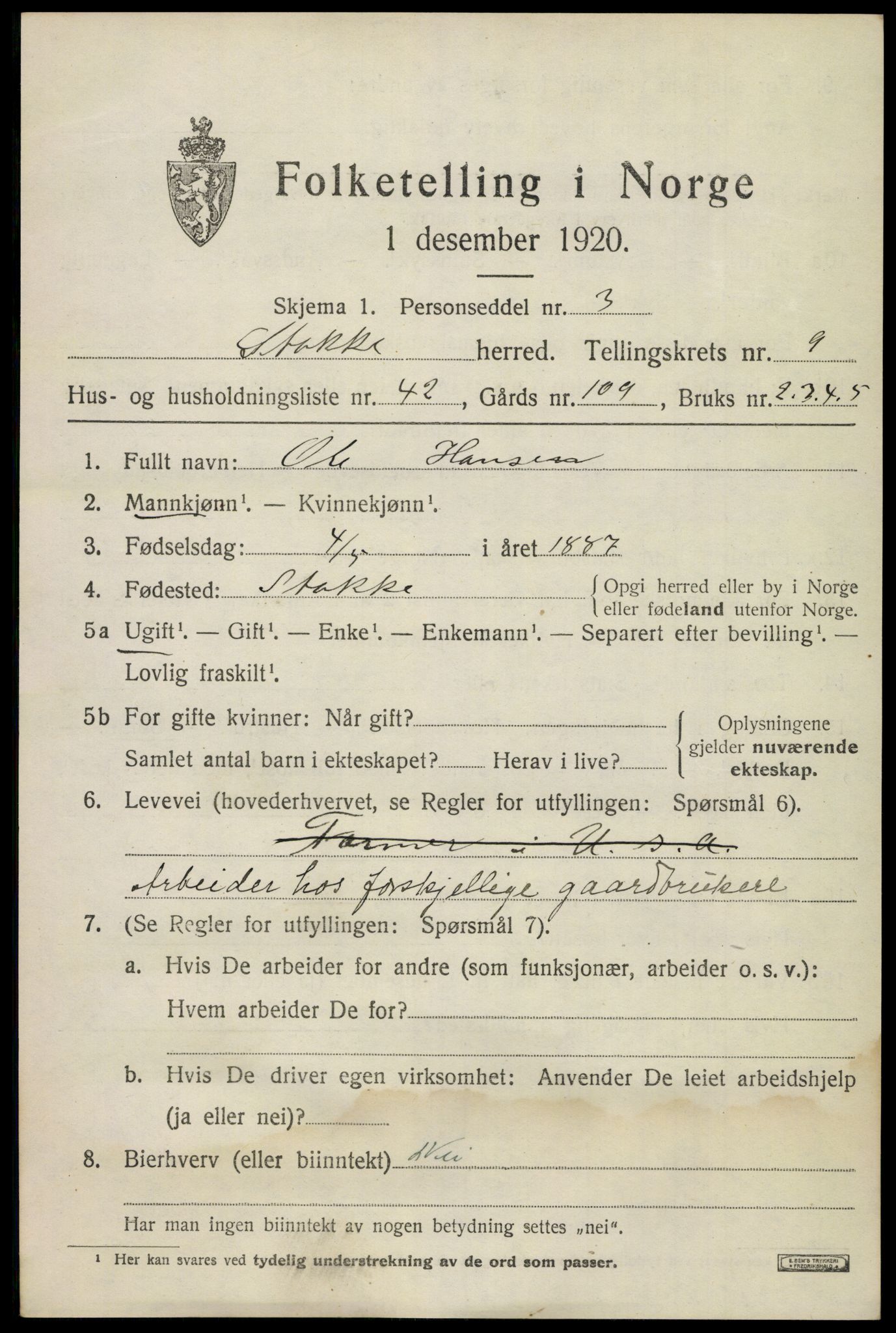 SAKO, 1920 census for Stokke, 1920, p. 10876
