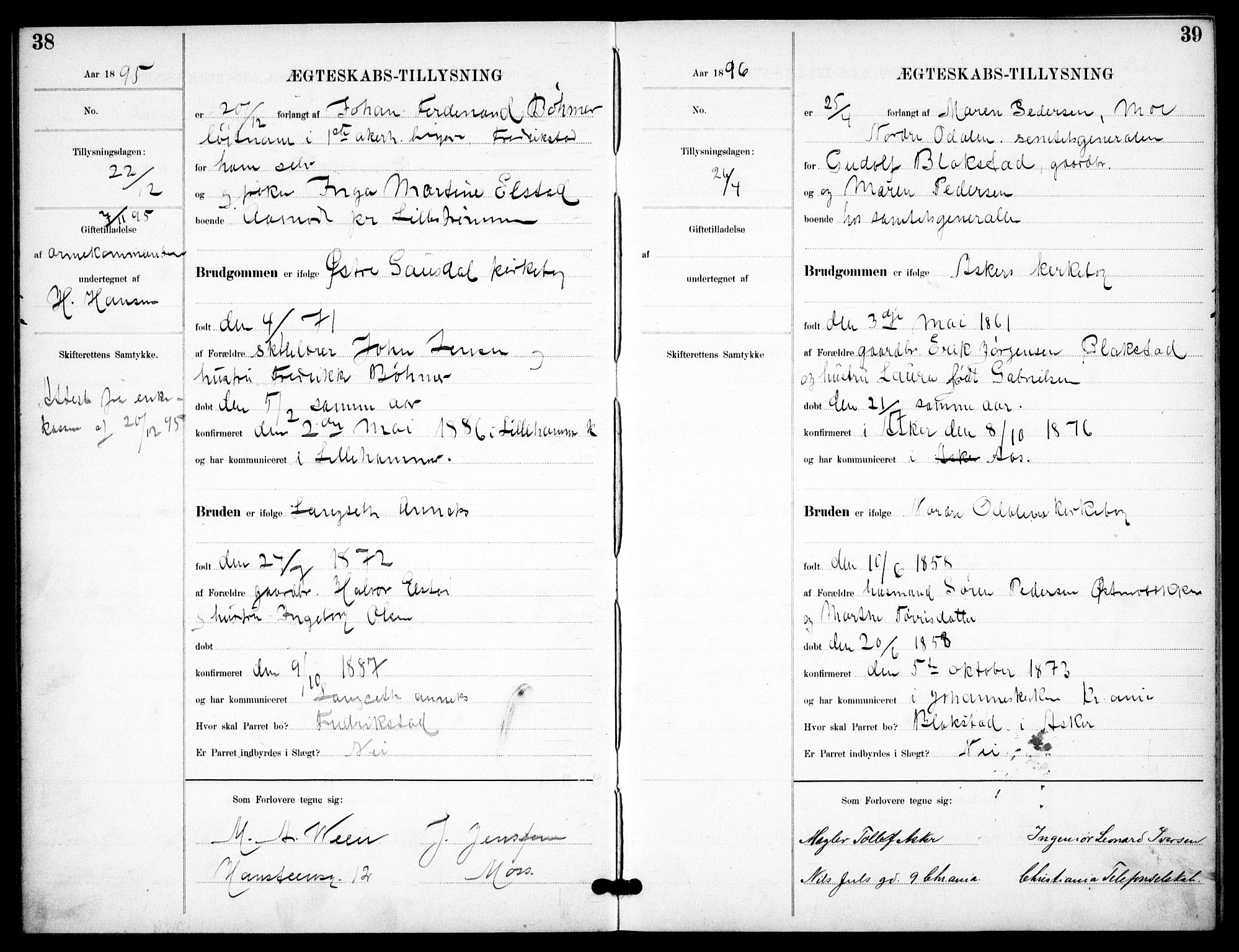 Garnisonsmenigheten Kirkebøker, SAO/A-10846/H/Ha/L0008: Banns register no. I 8, 1894-1908, p. 38-39