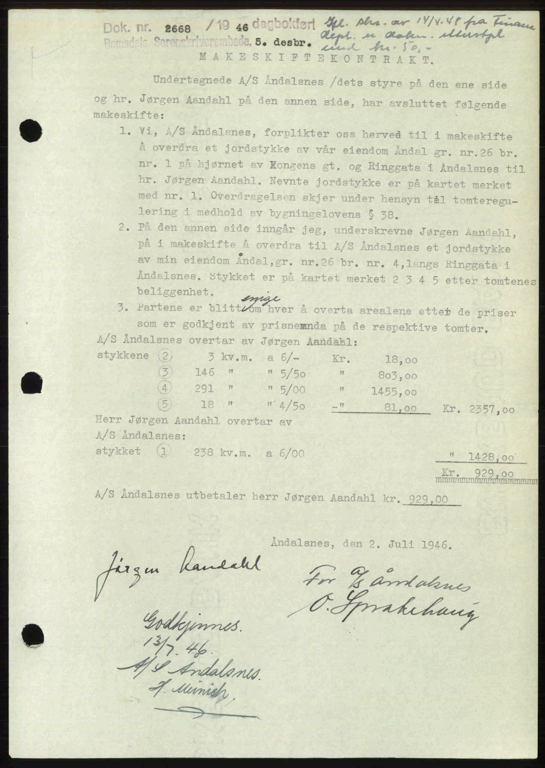 Romsdal sorenskriveri, AV/SAT-A-4149/1/2/2C: Mortgage book no. A21, 1946-1946, Diary no: : 2668/1946