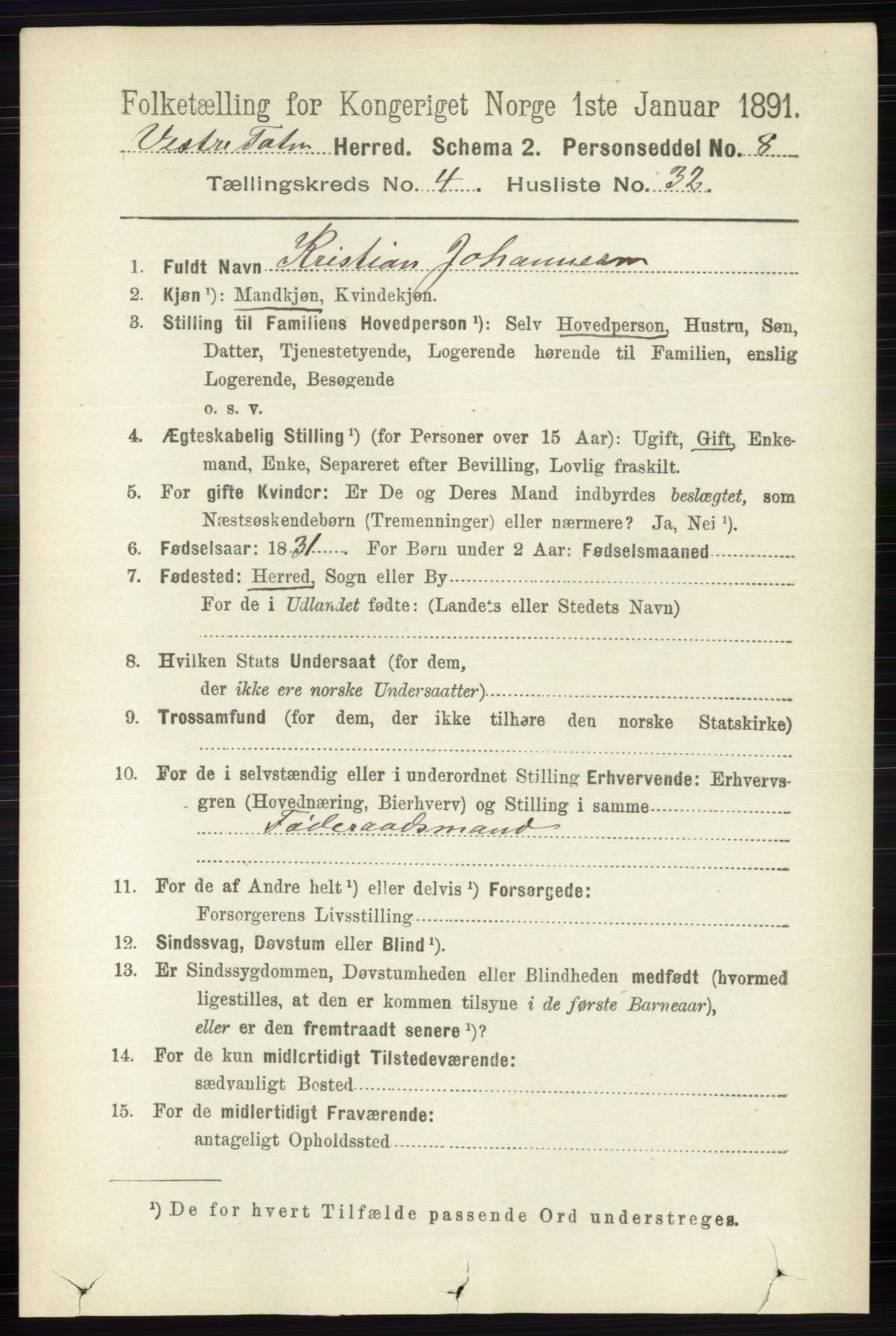 RA, 1891 census for 0529 Vestre Toten, 1891, p. 2892