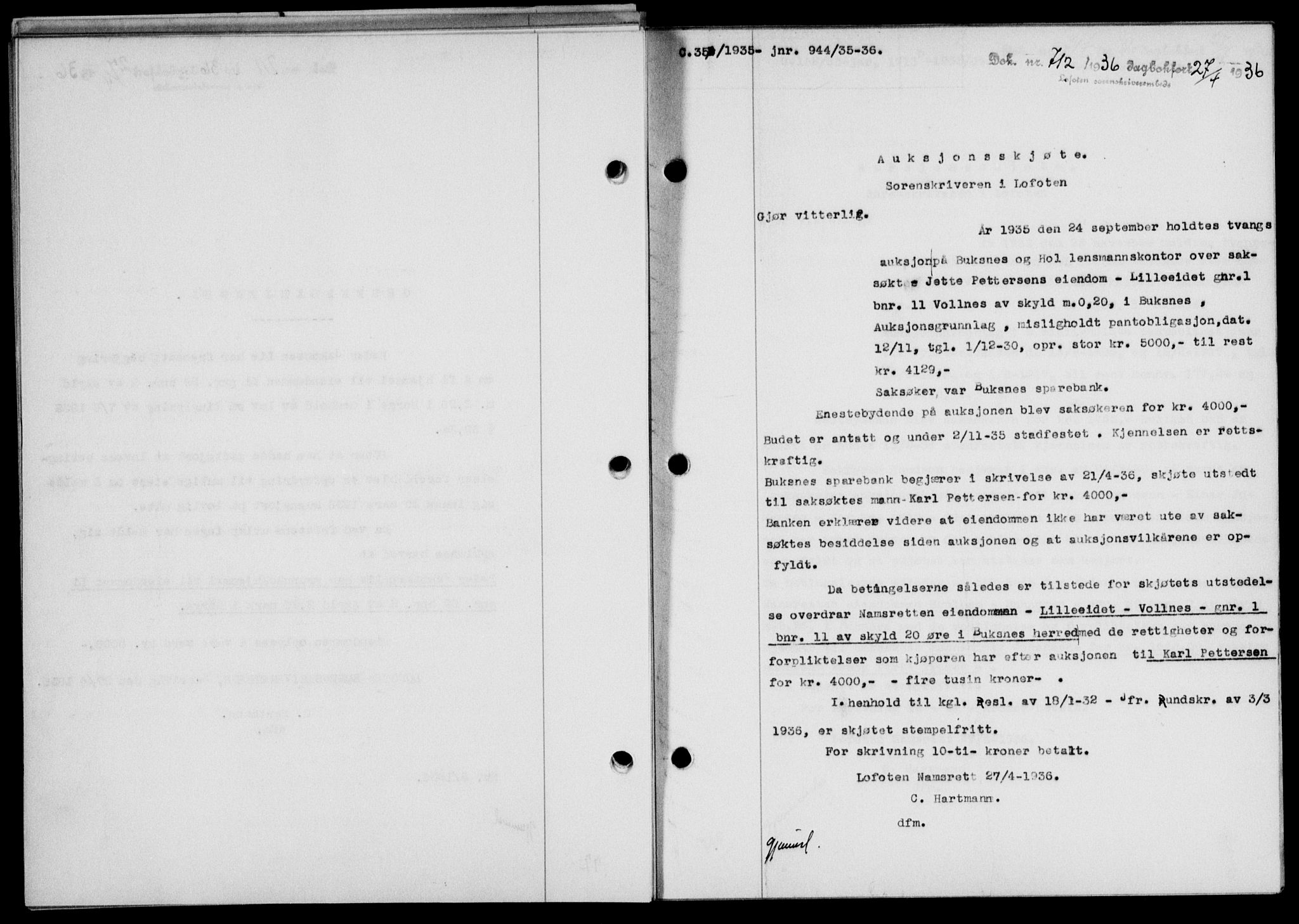 Lofoten sorenskriveri, SAT/A-0017/1/2/2C/L0033b: Mortgage book no. 33b, 1936-1936, Diary no: : 712/1936