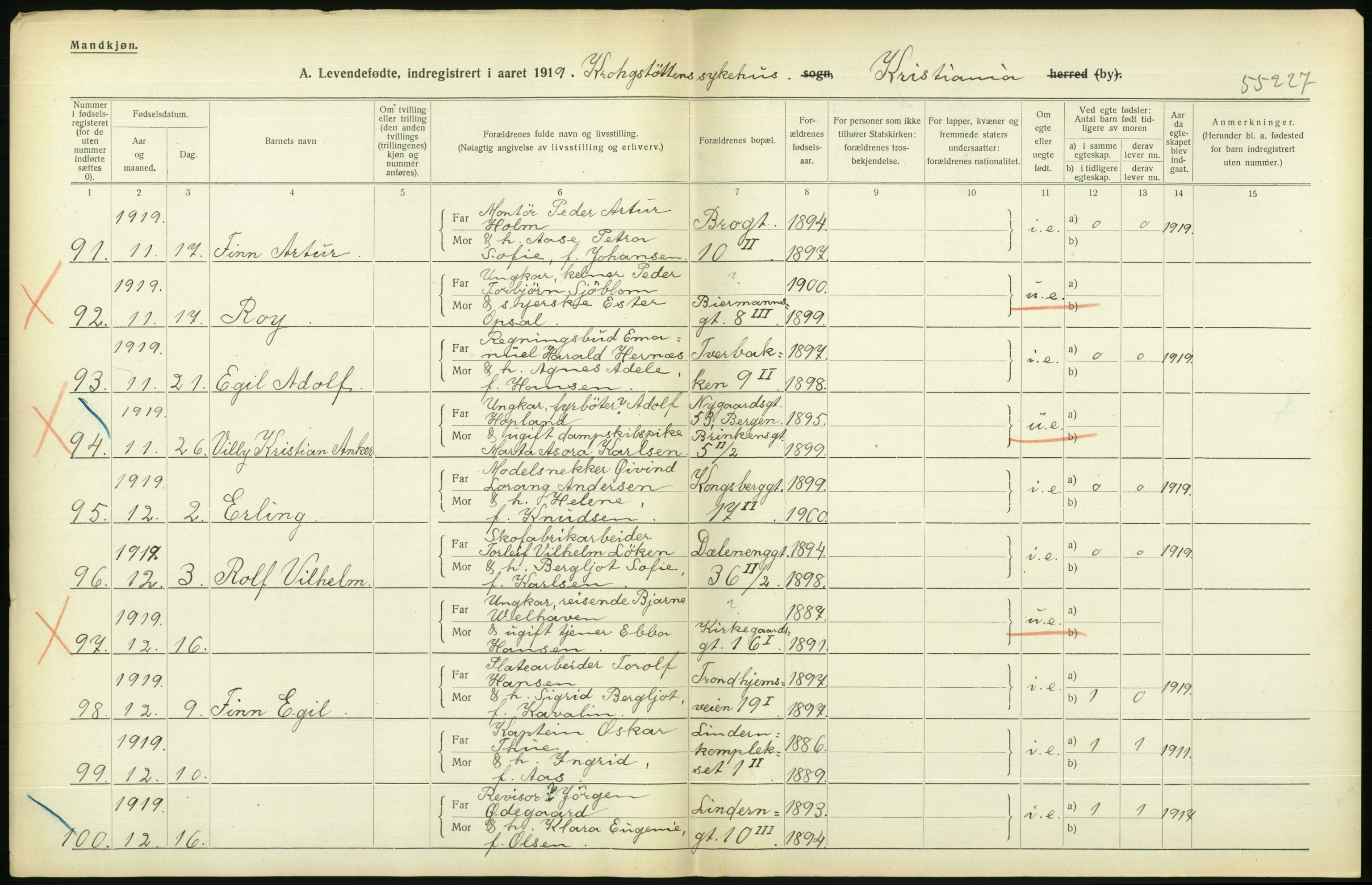 Statistisk sentralbyrå, Sosiodemografiske emner, Befolkning, AV/RA-S-2228/D/Df/Dfb/Dfbi/L0008: Kristiania: Levendefødte menn og kvinner., 1919