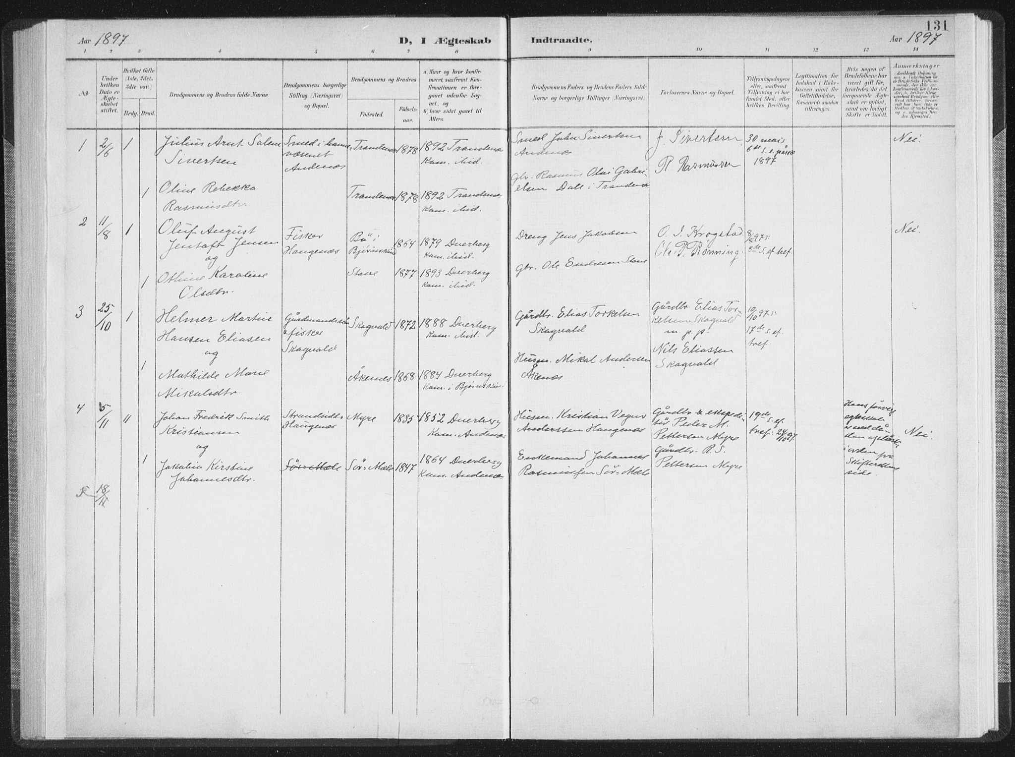 Ministerialprotokoller, klokkerbøker og fødselsregistre - Nordland, SAT/A-1459/897/L1400: Parish register (official) no. 897A07, 1897-1908, p. 131