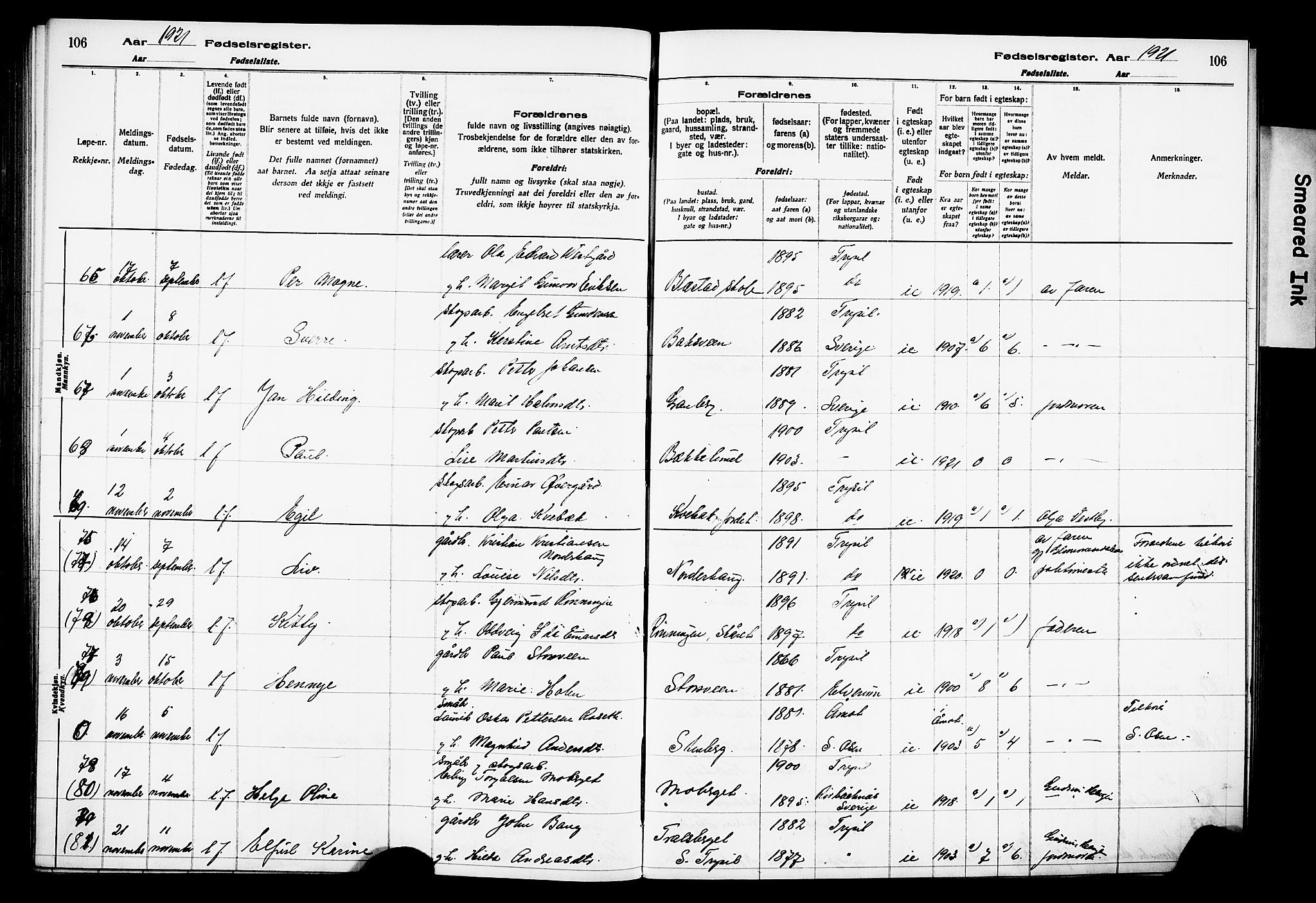 Trysil prestekontor, AV/SAH-PREST-046/I/Id/Ida/L0001: Birth register no. I 1, 1916-1927, p. 106