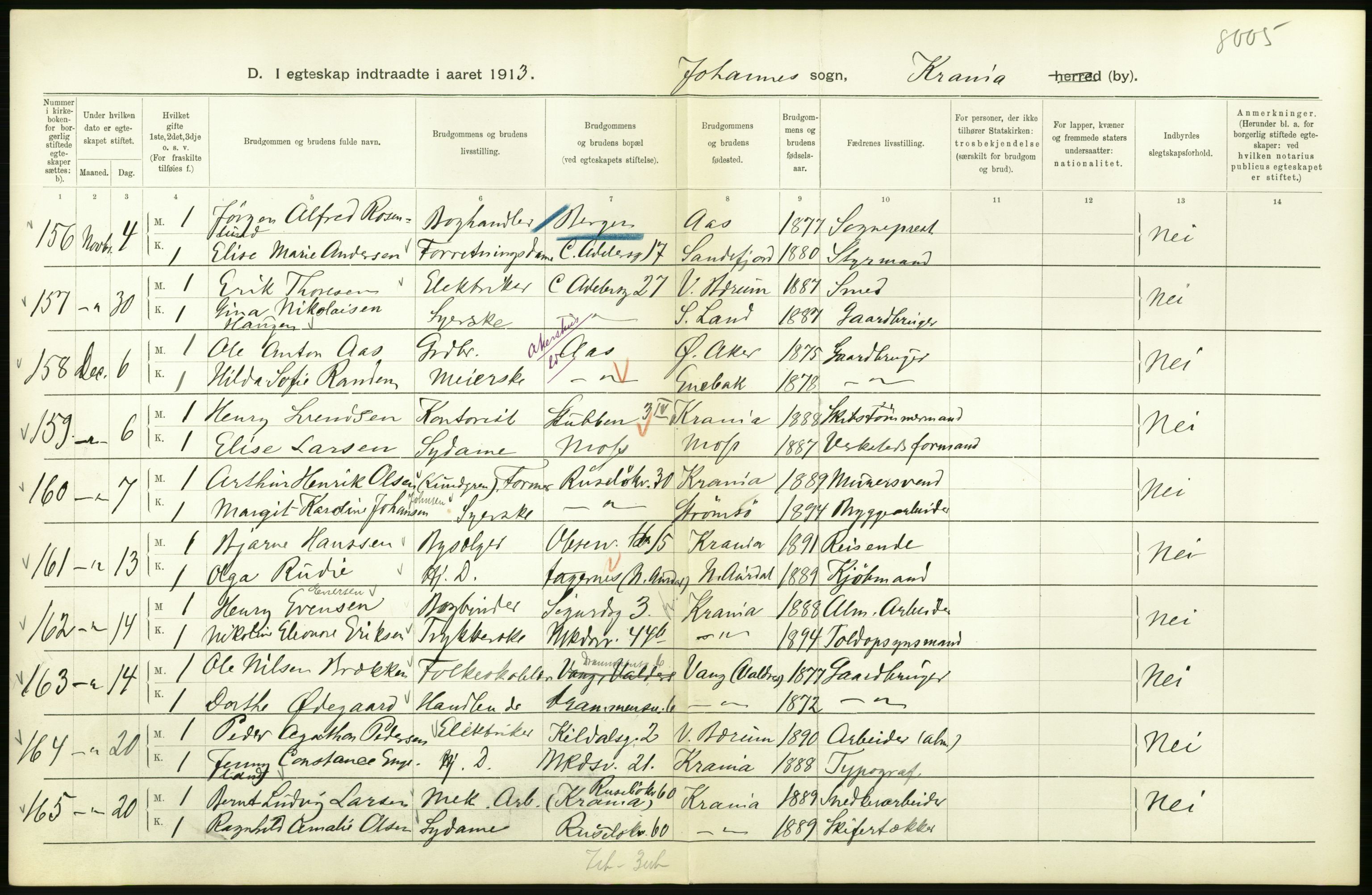 Statistisk sentralbyrå, Sosiodemografiske emner, Befolkning, RA/S-2228/D/Df/Dfb/Dfbc/L0008: Kristiania: Gifte., 1913, p. 718