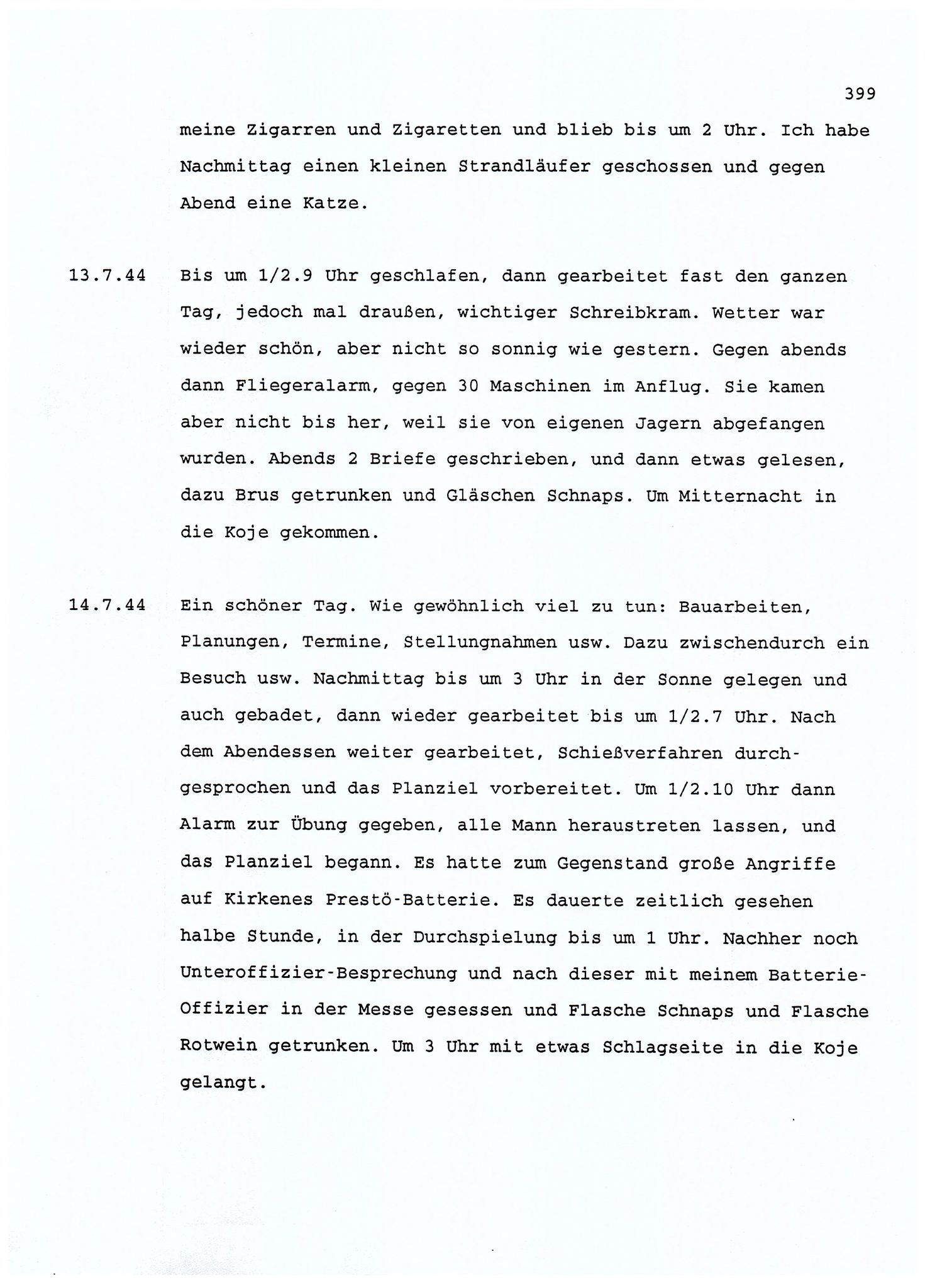 Dagbokopptegnelser av en tysk marineoffiser stasjonert i Norge , FMFB/A-1160/F/L0001: Dagbokopptegnelser av en tysk marineoffiser stasjonert i Norge, 1941-1944, p. 399