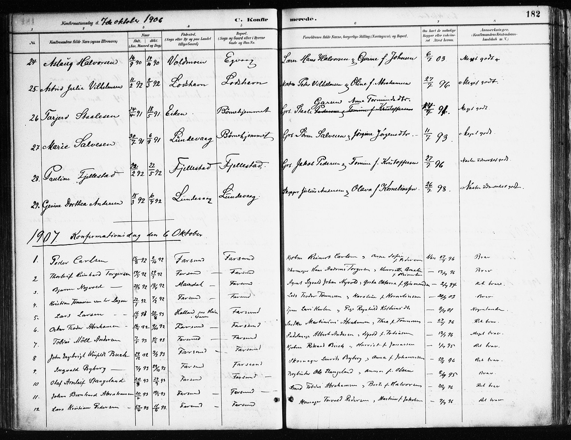 Farsund sokneprestkontor, SAK/1111-0009/F/Fa/L0006: Parish register (official) no. A 6, 1887-1920, p. 182