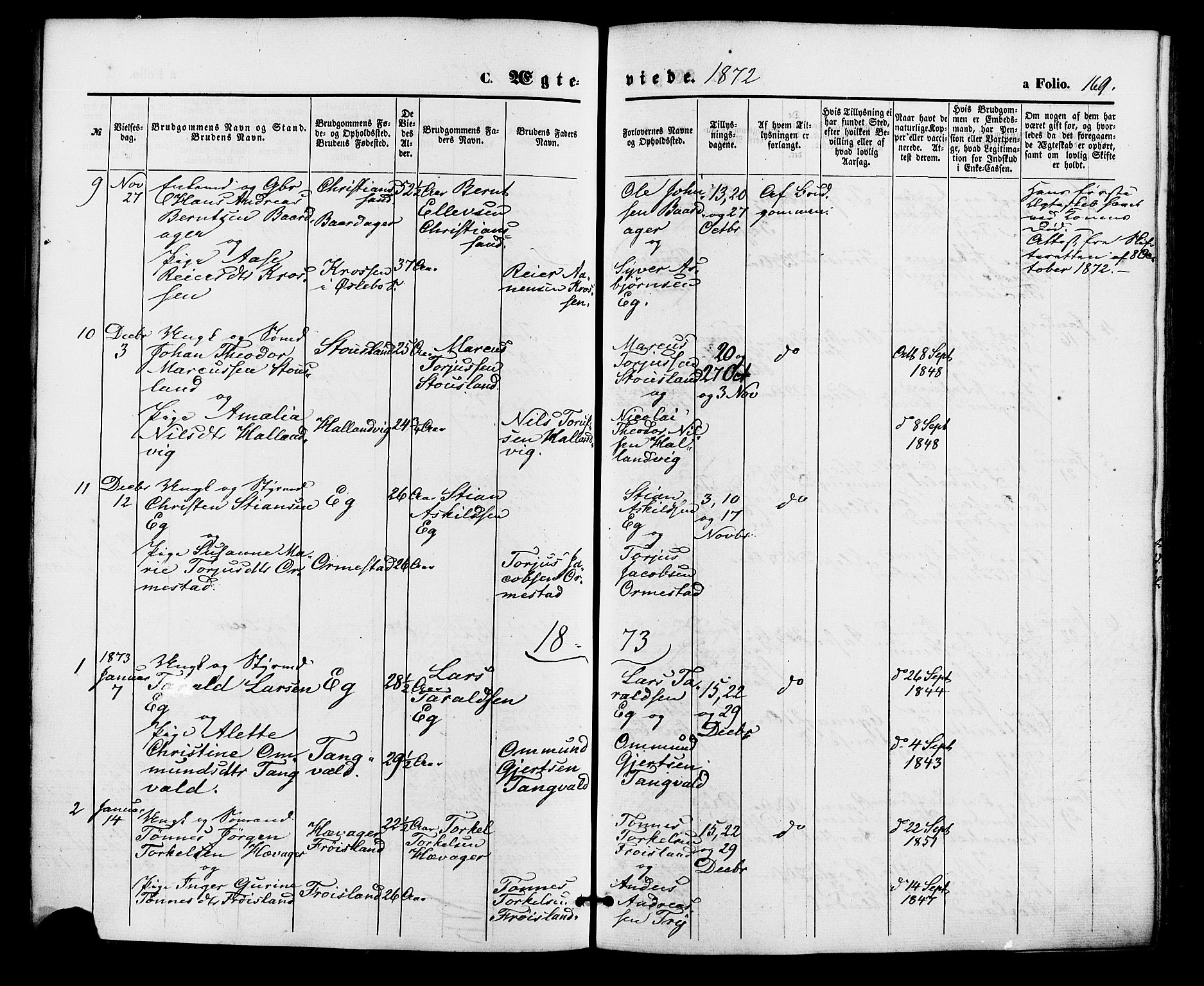 Søgne sokneprestkontor, AV/SAK-1111-0037/F/Fa/Fab/L0011: Parish register (official) no. A 11, 1869-1879, p. 169